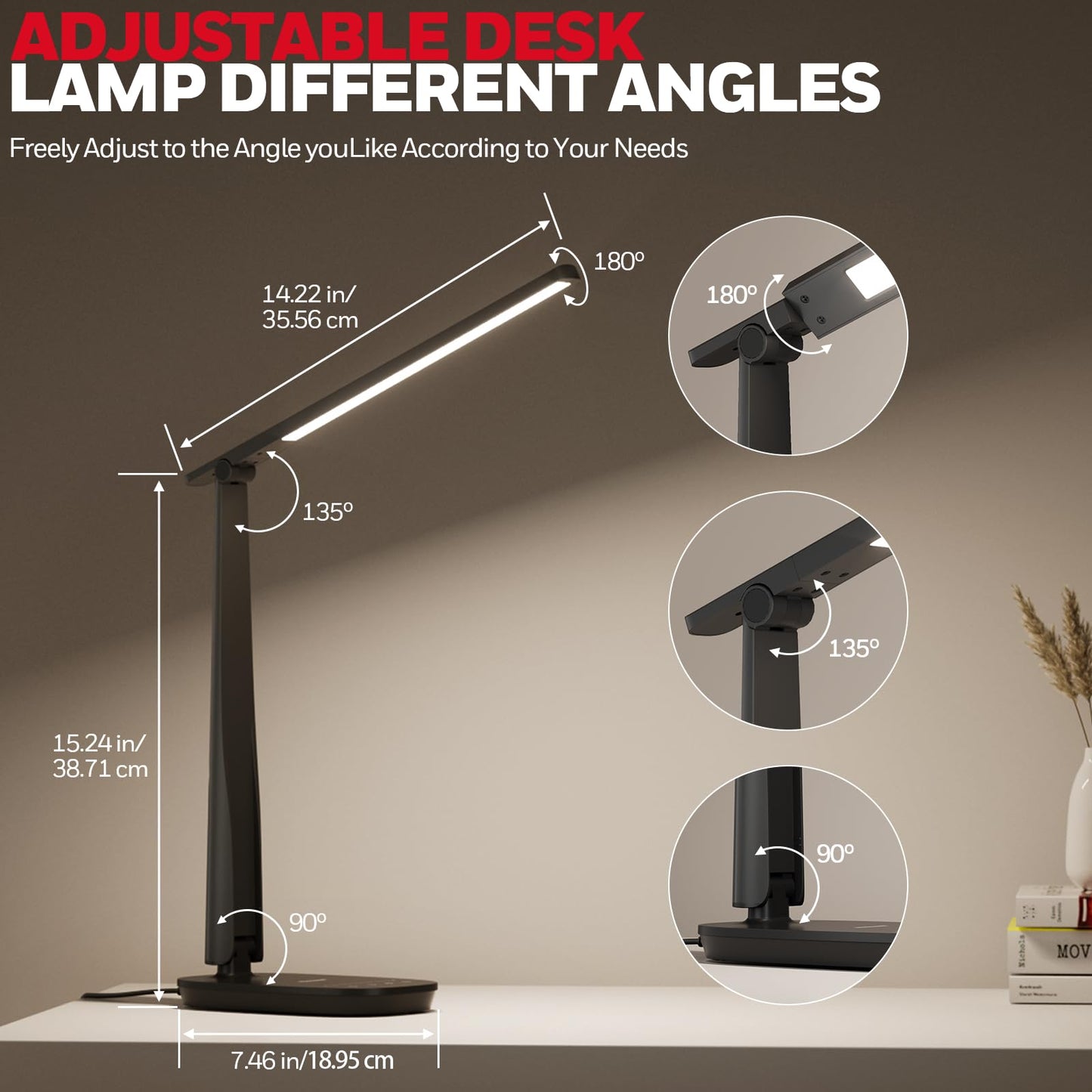 HONEYWELL Desk Lamp for Home Office, Dimmable LED Desk Light with USB A+C Dual Charging, 4 Modes Brightness Touch Lamp with Timer, Eye Caring Foldable Reading Light, Table Lamp for Study Nightstand