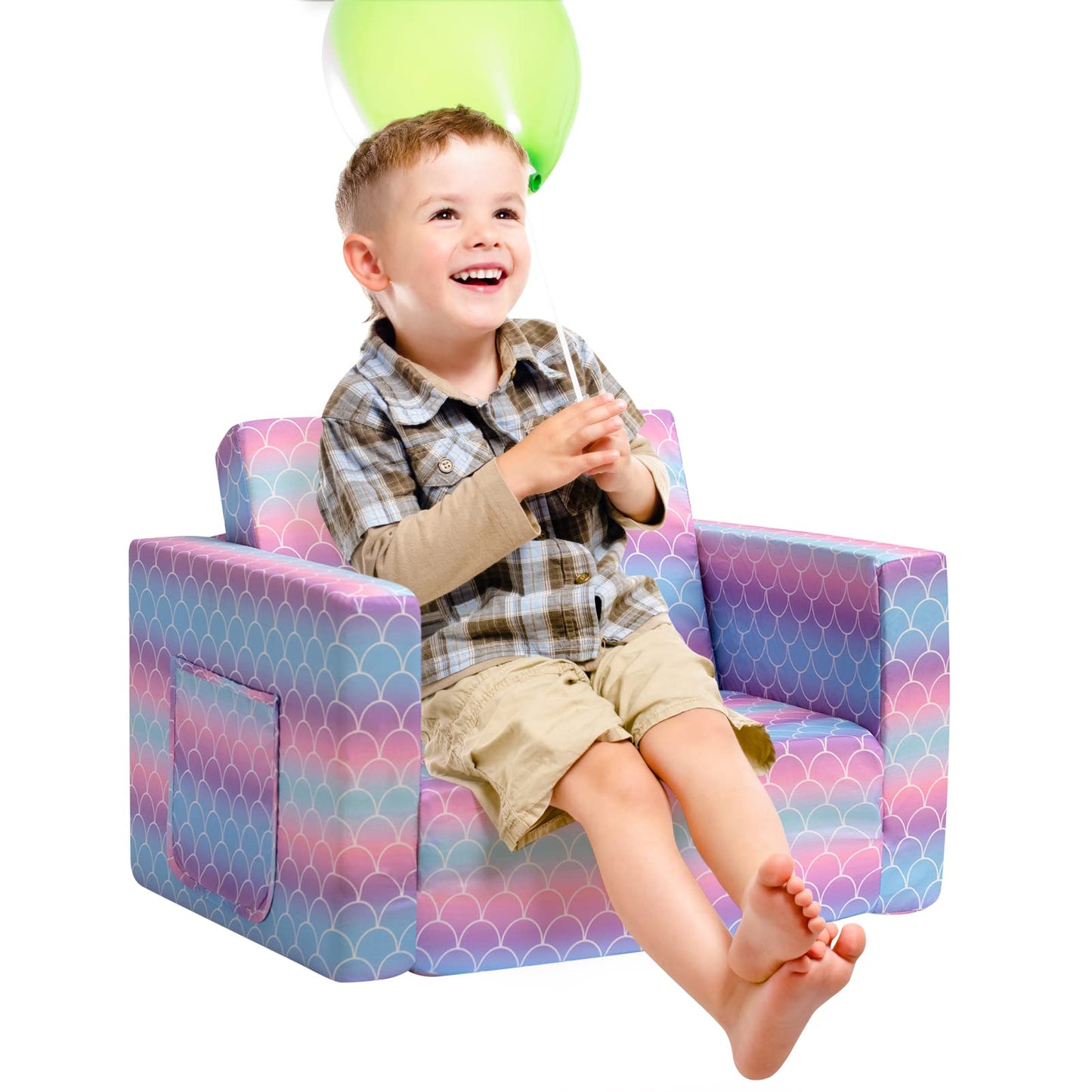 ALIMORDEN 2-in-1 Flip Out Comfy Toddler Couch, Lovely Kids Chair Convertible Sofa to Lounger for Story/Nap Time, Mermaid Scale