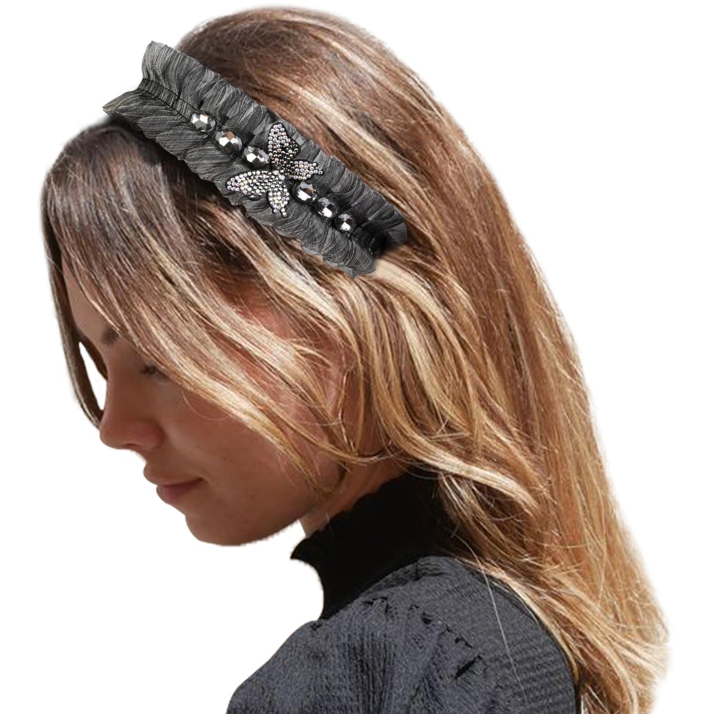 Ruffled Headband for Women Non Slip Fashion Flounce Headbands Exquisite Pleated Rhinestone Hairband Butterfly Lace Mesh Hair Accessories