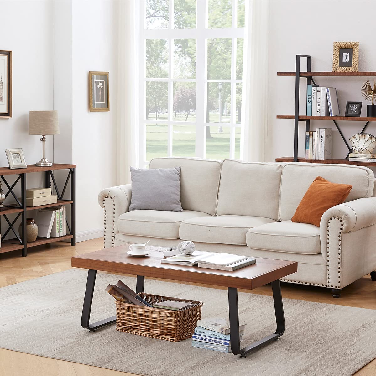 IBF Natural Wood Coffee Table, Rustic Solid Wood Center Table for Living Room, Rectangle Metal and Real Wooden Tea Table, Modern Industrial Minimalist Wooden Cocktail Tables, Rustic Brown, 47 Inch