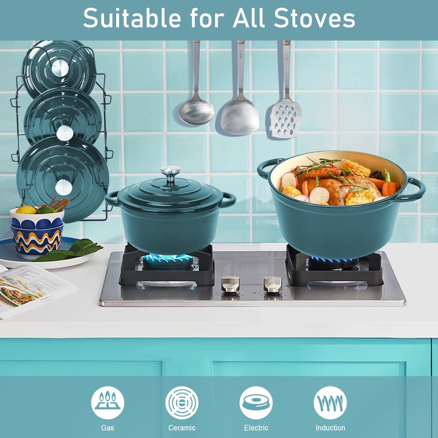 Nonstick Enameled Cast Iron Cookware Set- 9 Pieces Dutch Oven Pot with Lid for Braising, Stews, Roasting, Bread Baking, Cooking Pot Oven Safe & Compatible with All Stovetop, Teal Ombre