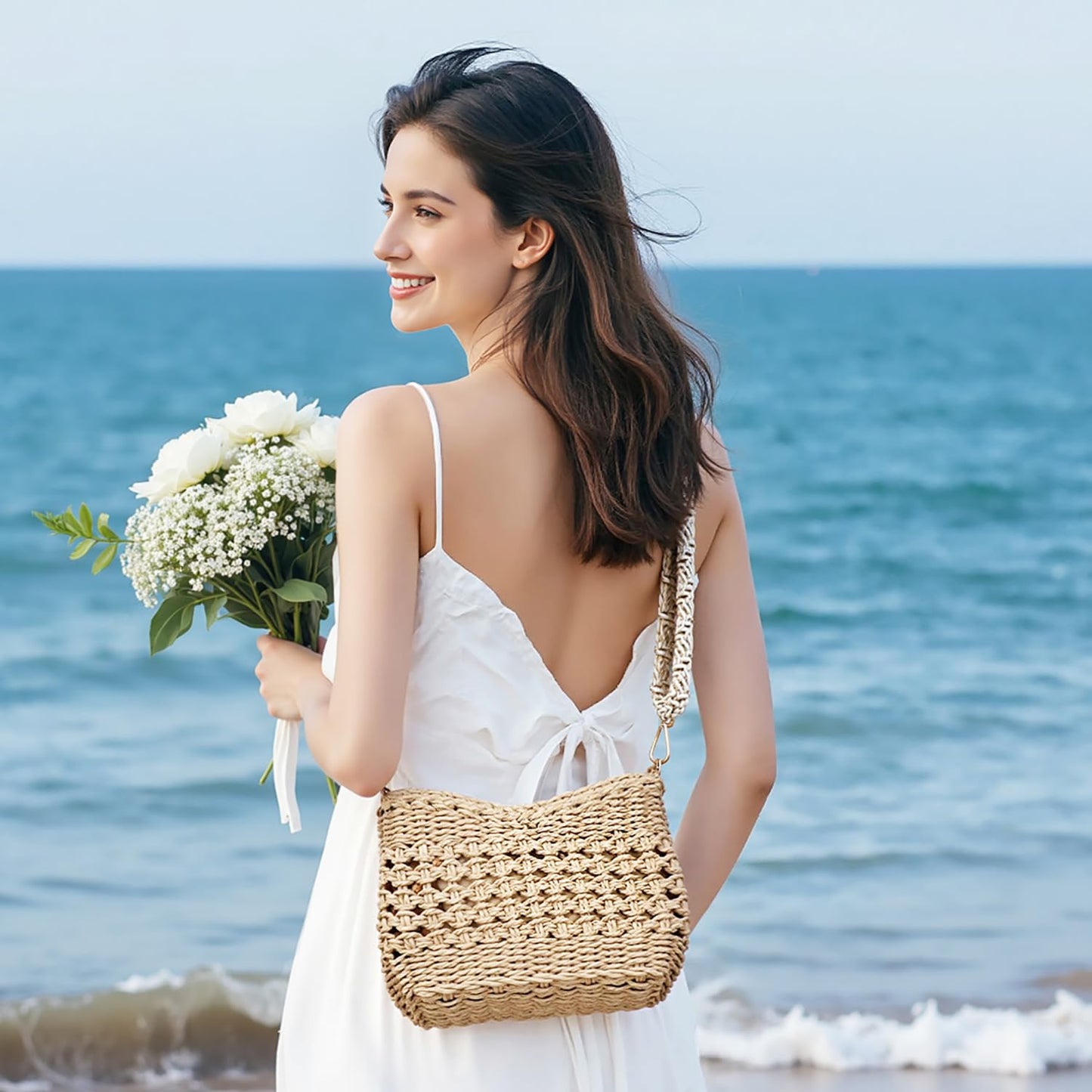 Herald Small Handmade Straw Pocketbook Crossbody Bag for Women, Summer Chic Woven Handbag Shoulder Purse with Chain (Hollow Out Coffee)