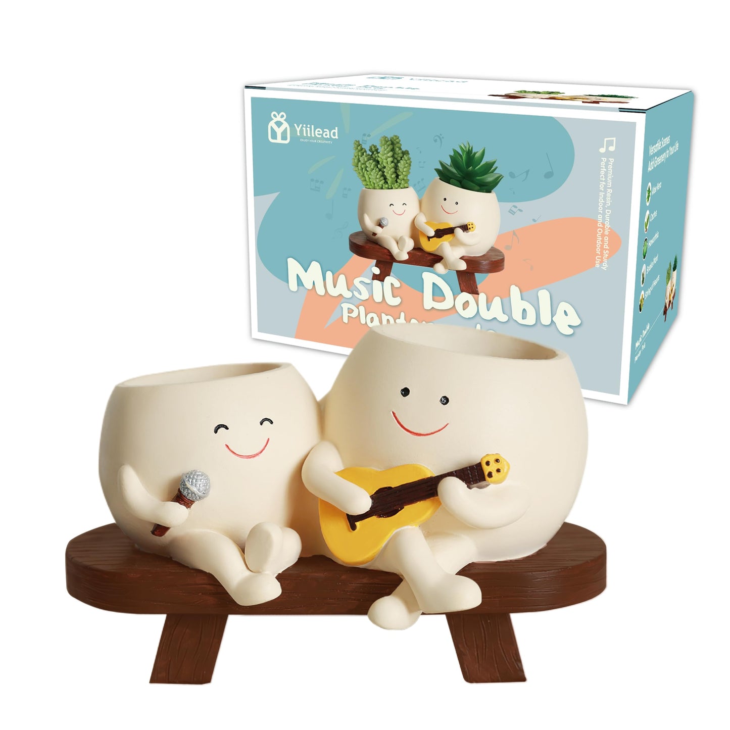 yiilead Smiley Face Planter Pot,Unique Double Head Guitar Singing Planter,with Drainage Hole Resin Cute Plant Pot,for Indoor Outdoor Plants