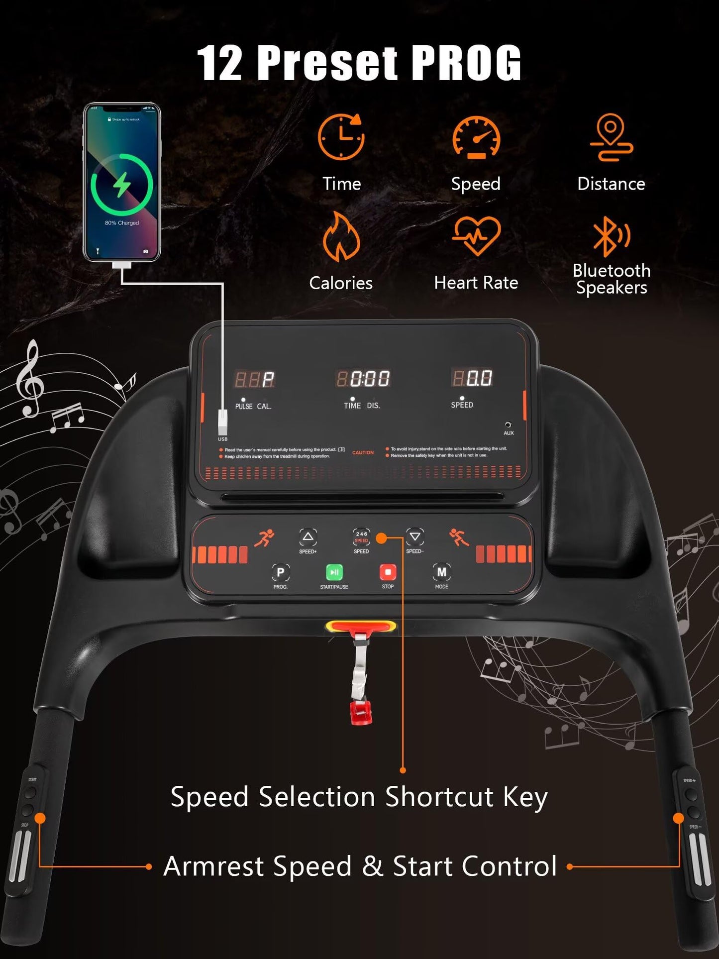 Treadmills for Home, 3.0 HP Folding Treadmill with Incline, Portable Treadmill 300 lbs Capacity, Caminadora Eléctrica Para Casa, Small Treadmills With Charge Staion & Bluetooth Speaker For Small Space