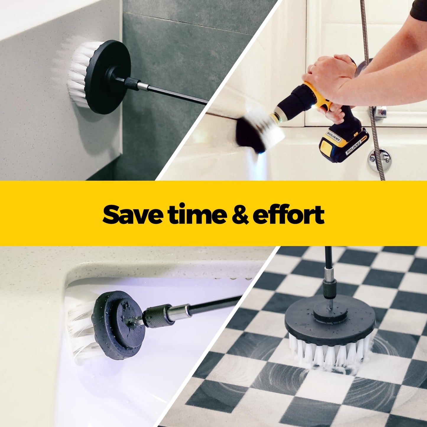 Holikme 5Pack Drill Brush Attachment Set-Car Interior Detailing Kit，Power Scrubber Brush Extended Long Attachment for Bathroom, Car，Shower，Carpet,Boat,Kitchen，Floor and Tile，White