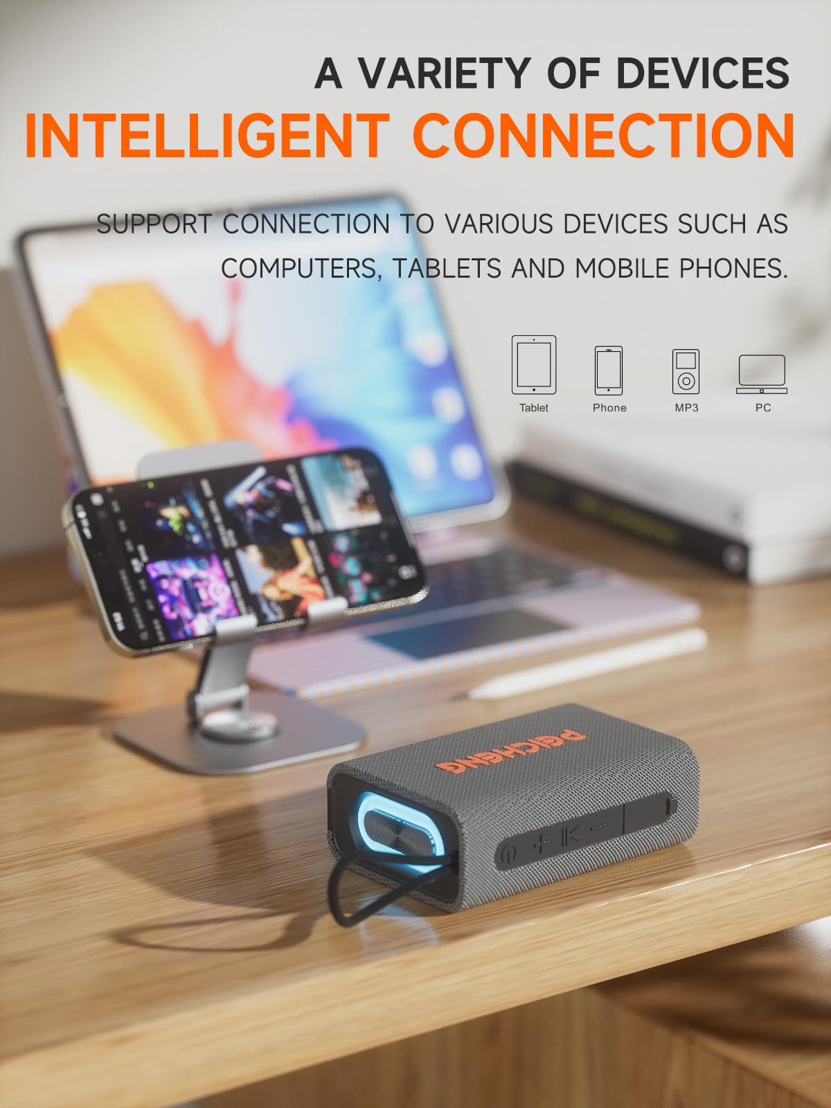 PEICHENG Speaker, Portable Wireless Bluetooth Speakers, Waterproof Loud Stereo Sound with RGB Lights TWS Paire Long Playtime for Home/Party/Outdoor, Electronic Gadgets (1PCS, Gray)