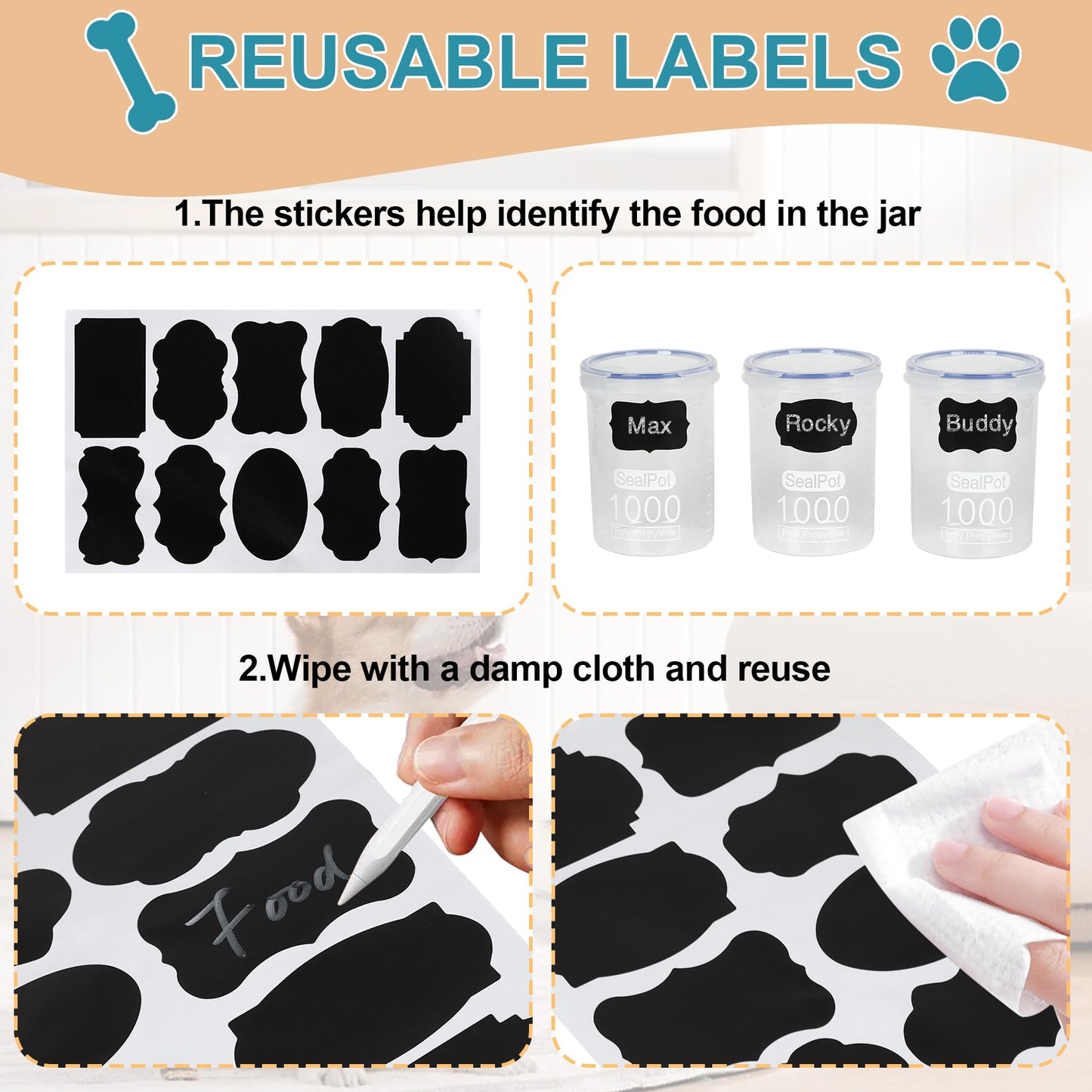 WGFKVAS Dog Treat Container Dog Food Storage Container for Countertop，Wooden Cat Food Storage Container with 3 Jars，Dog Treat Jar with Lid，Great Gift for Pet Dog Owners (White)