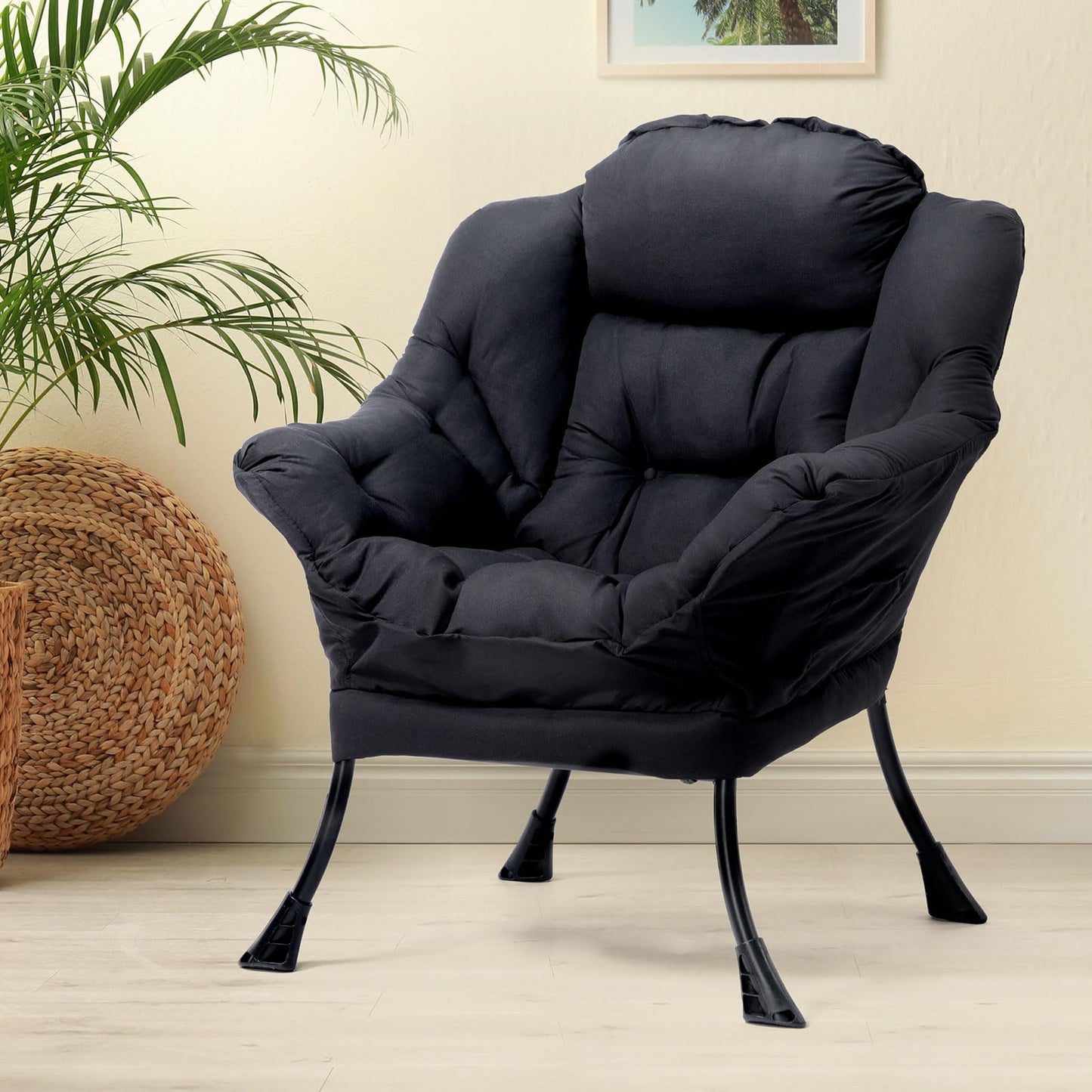 HollyHOME Modern Fabric Large Lazy Chair, Accent Oversized Comfy Reading Chair, Thick Padded Cozy Lounge Chair with Armrest, Leisure Sofa Chair for Living Room, Bedroom, Dorm, Matte Black