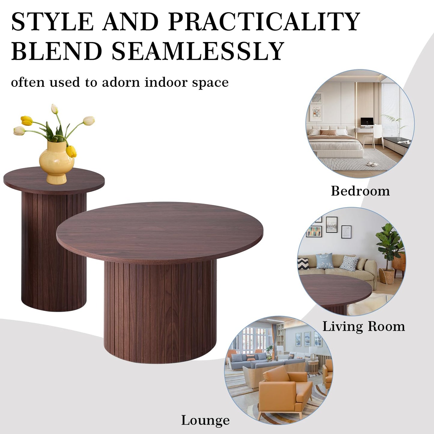 iQunLeo Small Round Coffee Table Set of 2, Wood Finish Nesting Coffee Tables, Boho Circle Side Table for Living Room (φ27.6 Large Short + φ15.8 Small Tall)