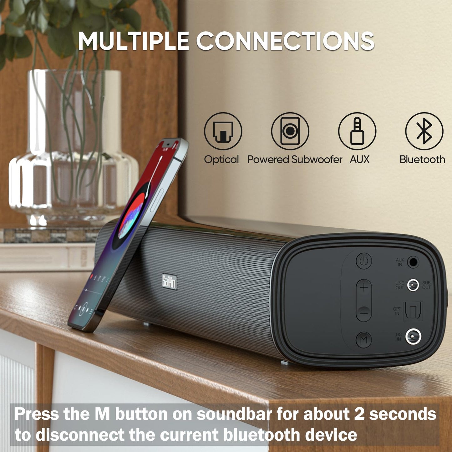 Saiyin Sound Bar,17 inch Sound Bar for Smart TV with Bluetooth 5.3/Optical/AUX Connection, Soundbar for TV/PC/Gaming/Projectors,Wall Mountable & Ultra Compact Design