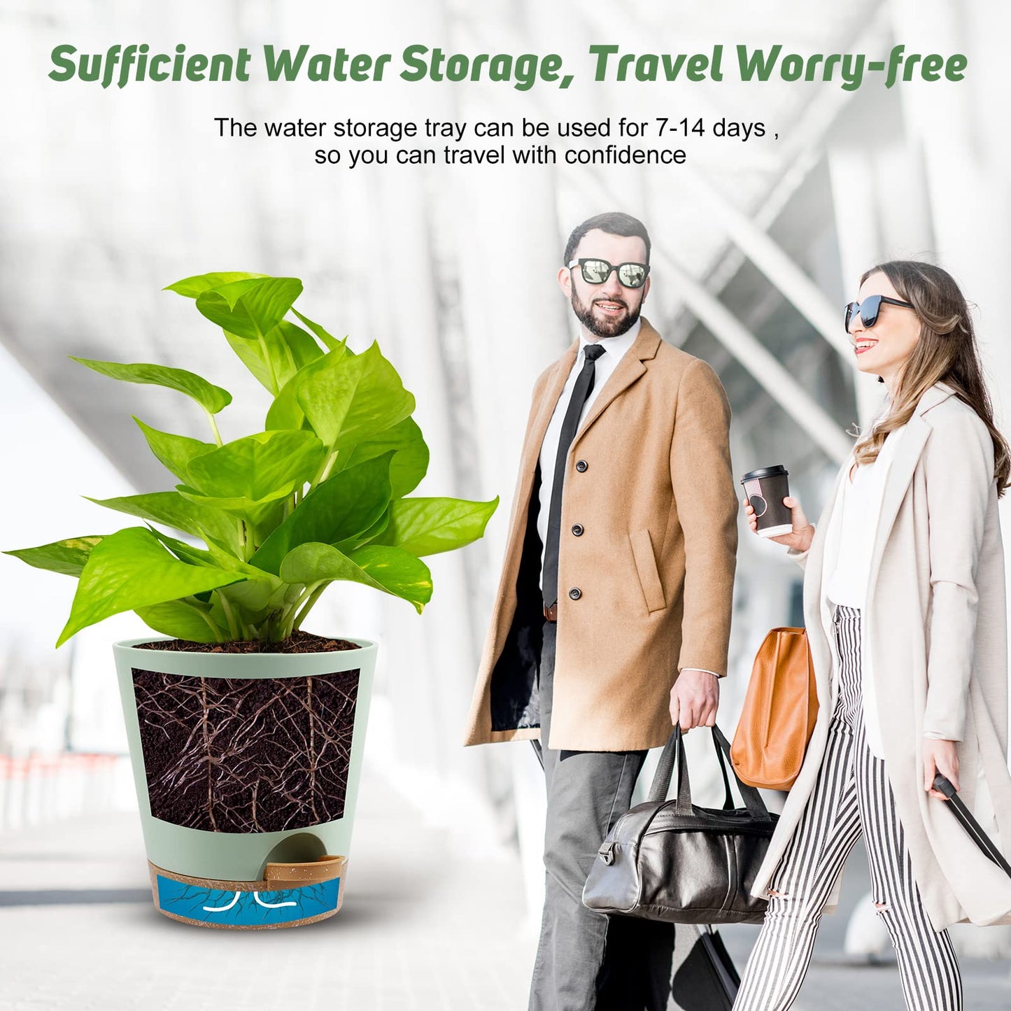 YNNICO Indoor Self Watering Planters with Drainage Holes and Saucers, 8, 7, 6.5, 6, 5.5, 5 Inches, Green, 6 Pots