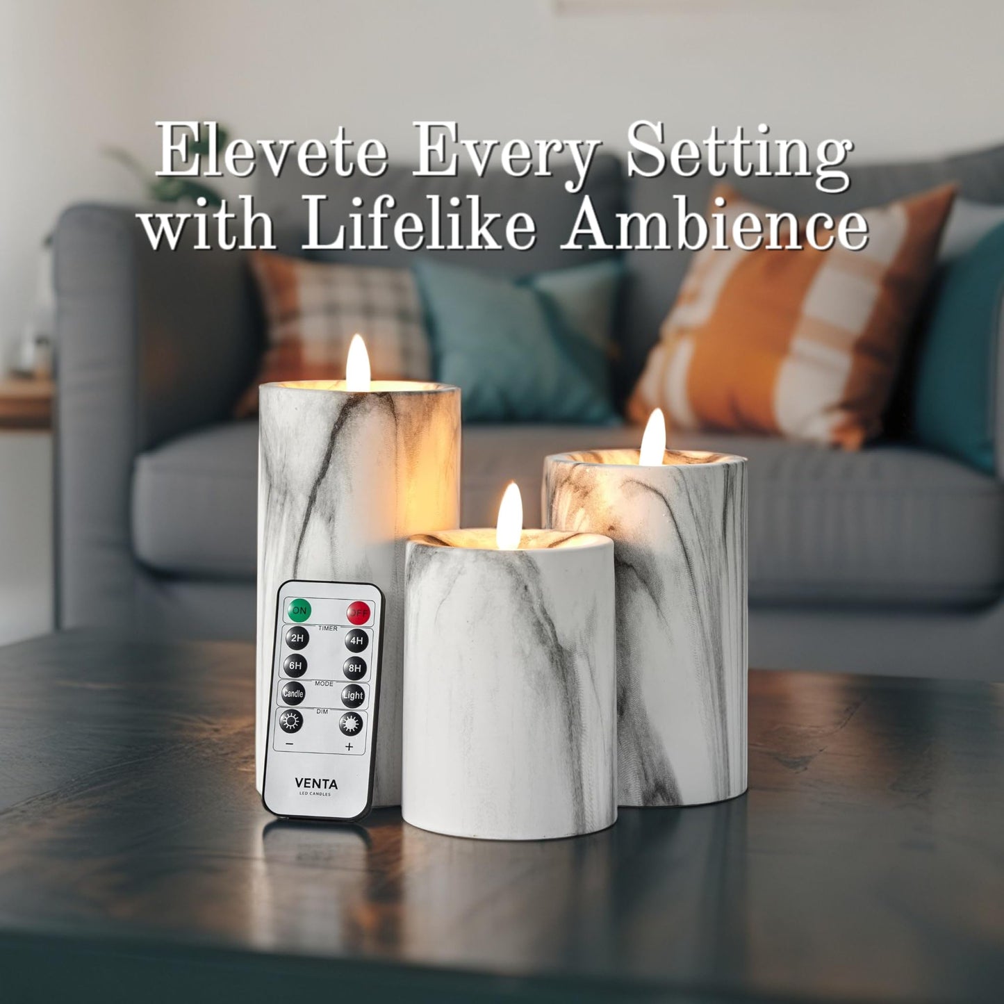 VENTA Flickering Flameless Candles with Remote Control - Led Candles Battery Operated - Battery Operated Candle for Decoration Table, Timer & Dimmer Features, Set - 3Pcs (4",5",6") (Marble)