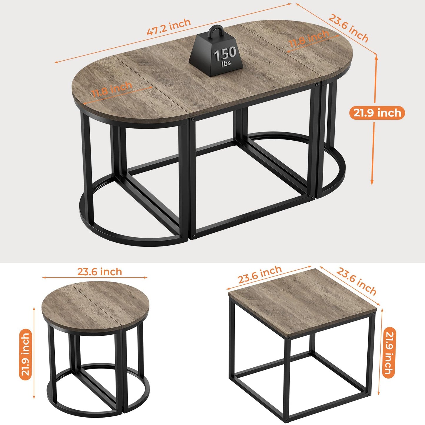 GreenForest Coffee Table Oval 3pcs Set, Modern Living Room Table with 2 End Tables, Small Center Table with Metal Frame for Home Apartment, Gray Wash