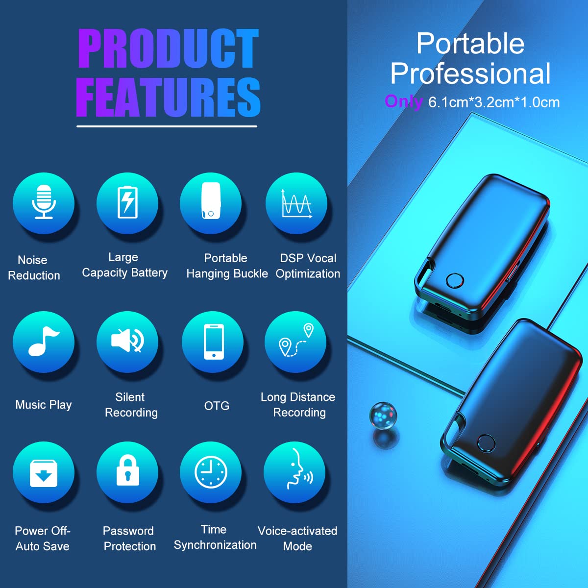 Voice Recorder, 64GB Voice Activated Recorder with 1136 Hours Recording Capacity, Digital Voice Recorder, 30 Hours Battery Time Portable Recording Devices