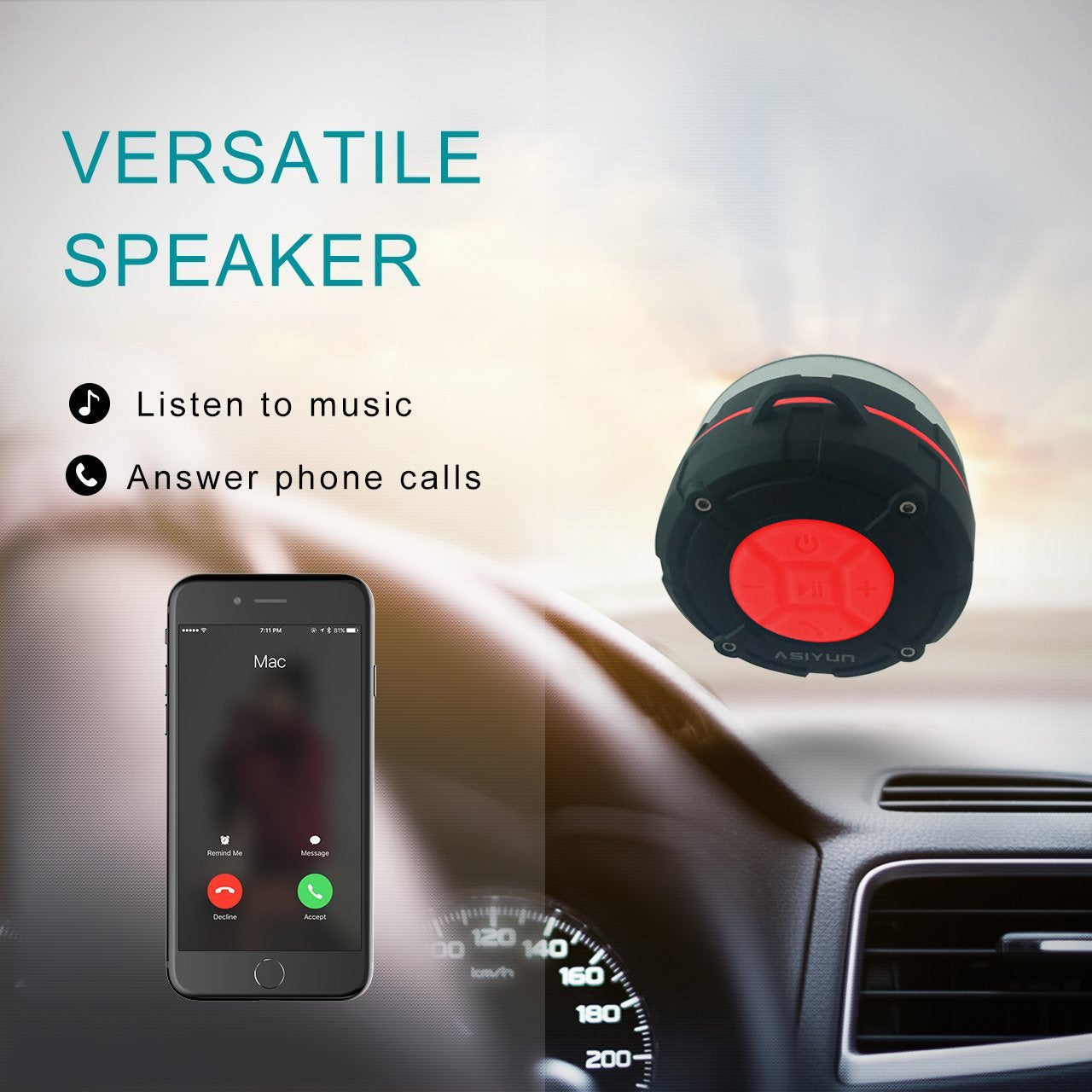 ASIYUN Shower Speaker, IPX7 Waterproof Bluetooth Speaker with HD Bass, Suction Cup & Durable Hook, Built-in Mic for Hands-Free Calls, Pool, Beach, Outdoor(Red)