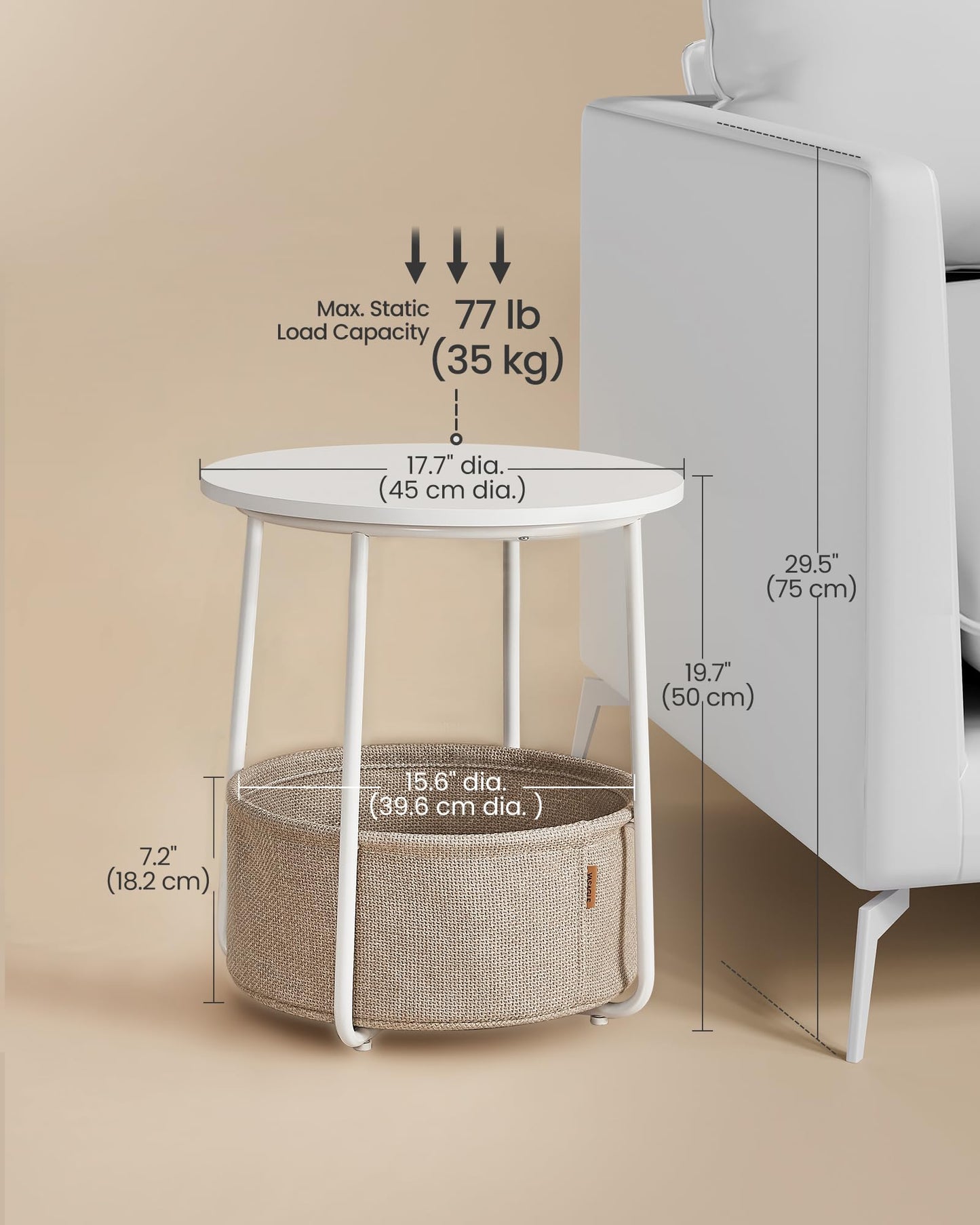 VASAGLE Small Round Side End Table, Modern Nightstand with Fabric Basket, Matte White and Camel Brown ULET223W10