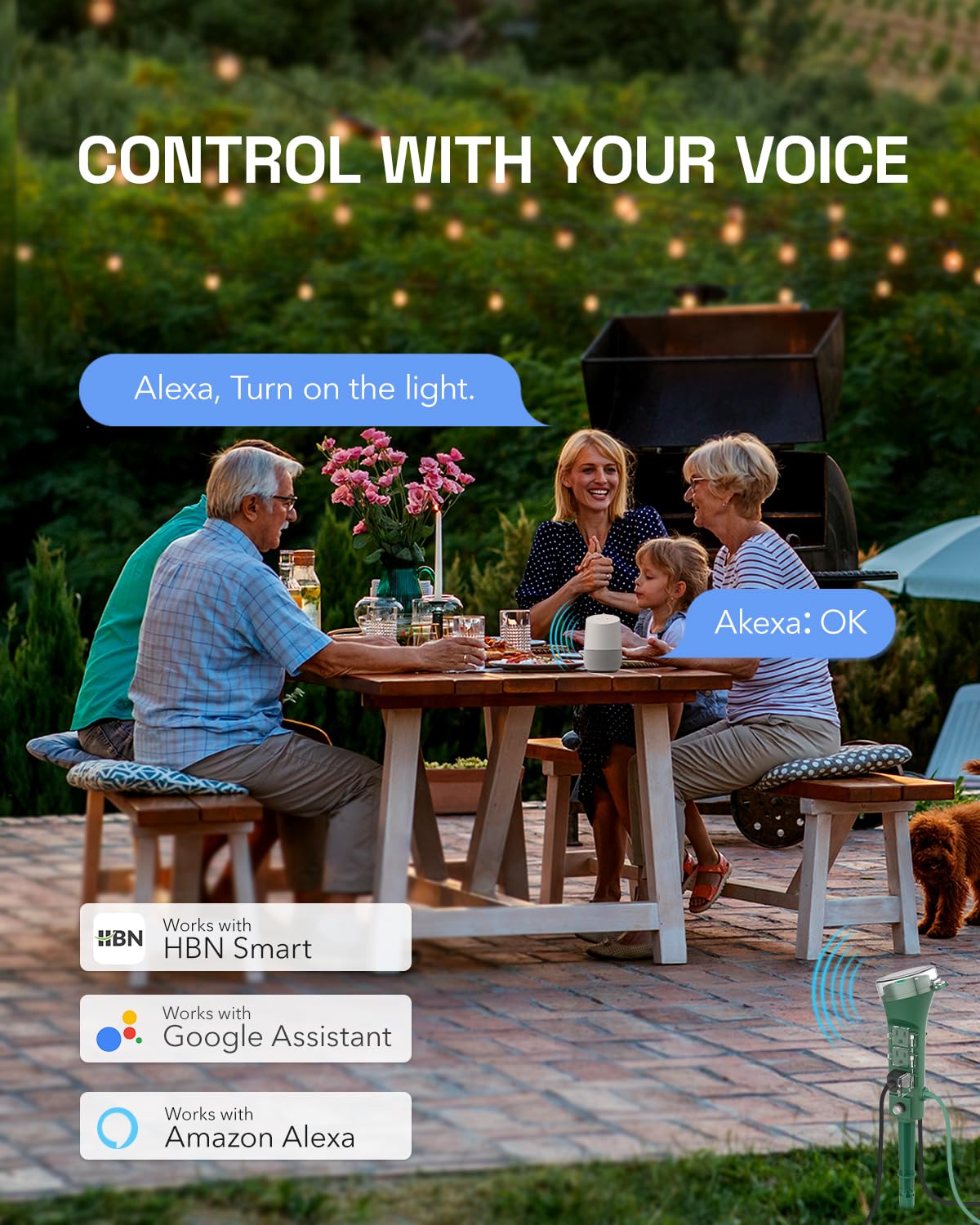 HBN Outdoor Smart Plug Waterproof WiFi Outdoor Outlet Timer with 6 Grounded Outlets, Remote & Voice Control Heavy Duty Yard Stake Plug Compatible with Alexa and Google Assistant No Hub Required