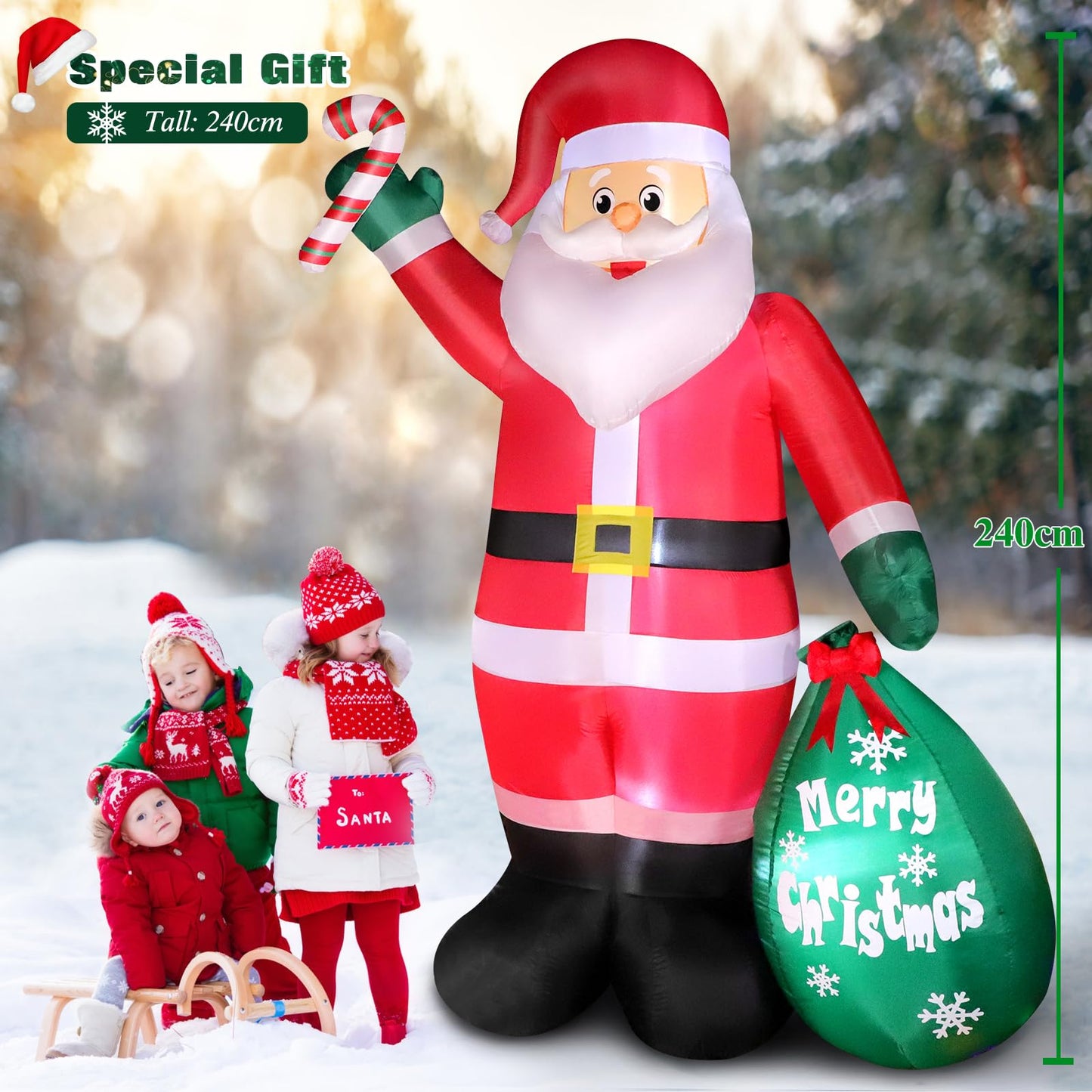 8 FT Christmas Inflatable Santa Claus with Candy and Big Gift Bag Outdoor Decor, Blow Up IP44 Weatherproof Xmas Decorations for Yard, Built-in LED Light for Gardern Lawn Indoor Winter Holiday