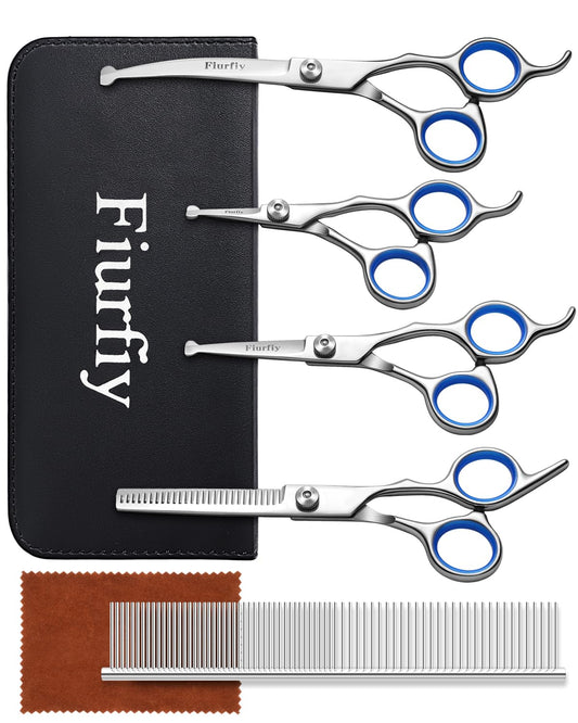 Fiurfiy 6-in-1 Dog Grooming Scissors - Professional Stainless Steel Hair Cutting Kit with Safety Rounded Tips, Ergonomic Soft-Grip Handles for Small & Large Dogs, Cats