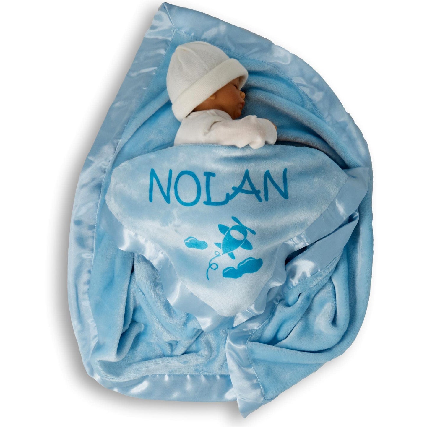 Custom Catch Ships Next Day from Vermont - Personalized Airplane Baby Blanket - Boy Name Gift - Blue or Pink (2 Text Lines)