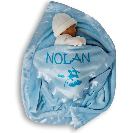 Custom Catch Ships Next Day from Vermont - Personalized Airplane Baby Blanket - Boy Name Gift - Blue or Pink (2 Text Lines)