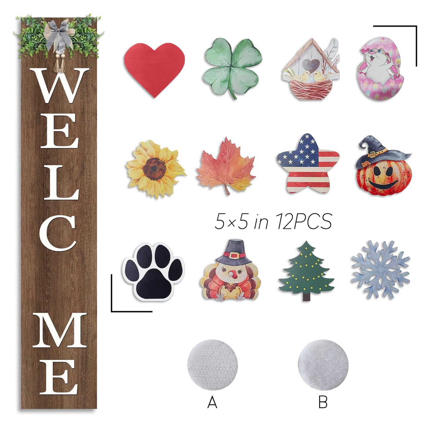 Interchangeable Welcome Sign for Front Porch Standing 47"X8" Outdoor Large Wood Frame with 12 Pcs Designed Icons Leaner Vertical Tall Outside Welcome Sign for Front Door Decor (Wood)