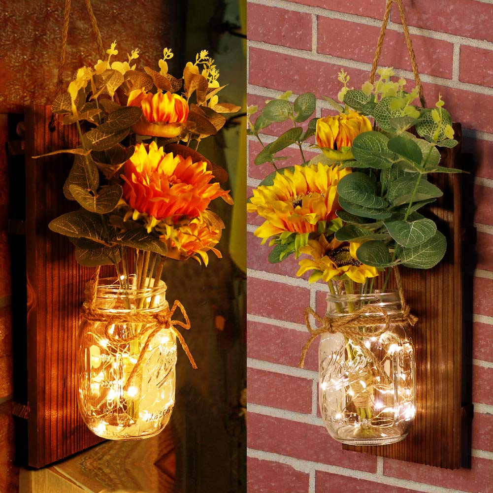 OurWarm Country Farmhouse Sunflower Wall Decor with Mason Jars, Remote 6-Hour Timer LED Lights, Hanging Mason Jar for Home Kitchen Decor Living Room Lights, Set of 2