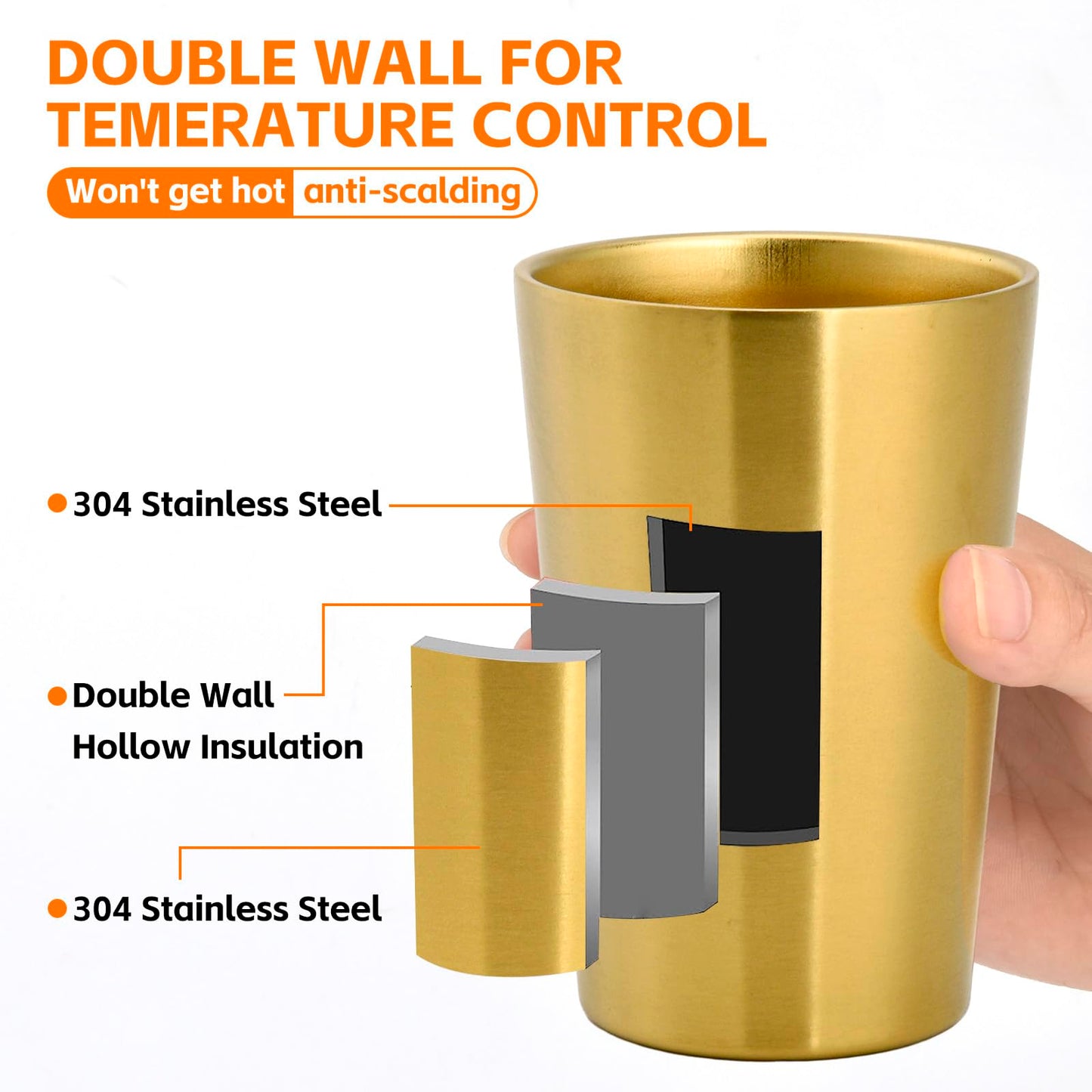 HOEGMST 10 Pack 12 oz Stainless Steel Insulated Cup, Double Wall Vacuum Small Metal Cup, Reusable Camping Cups Unbreakable Indoor Outdoor for Party, Home, Office, BBQ, Gold