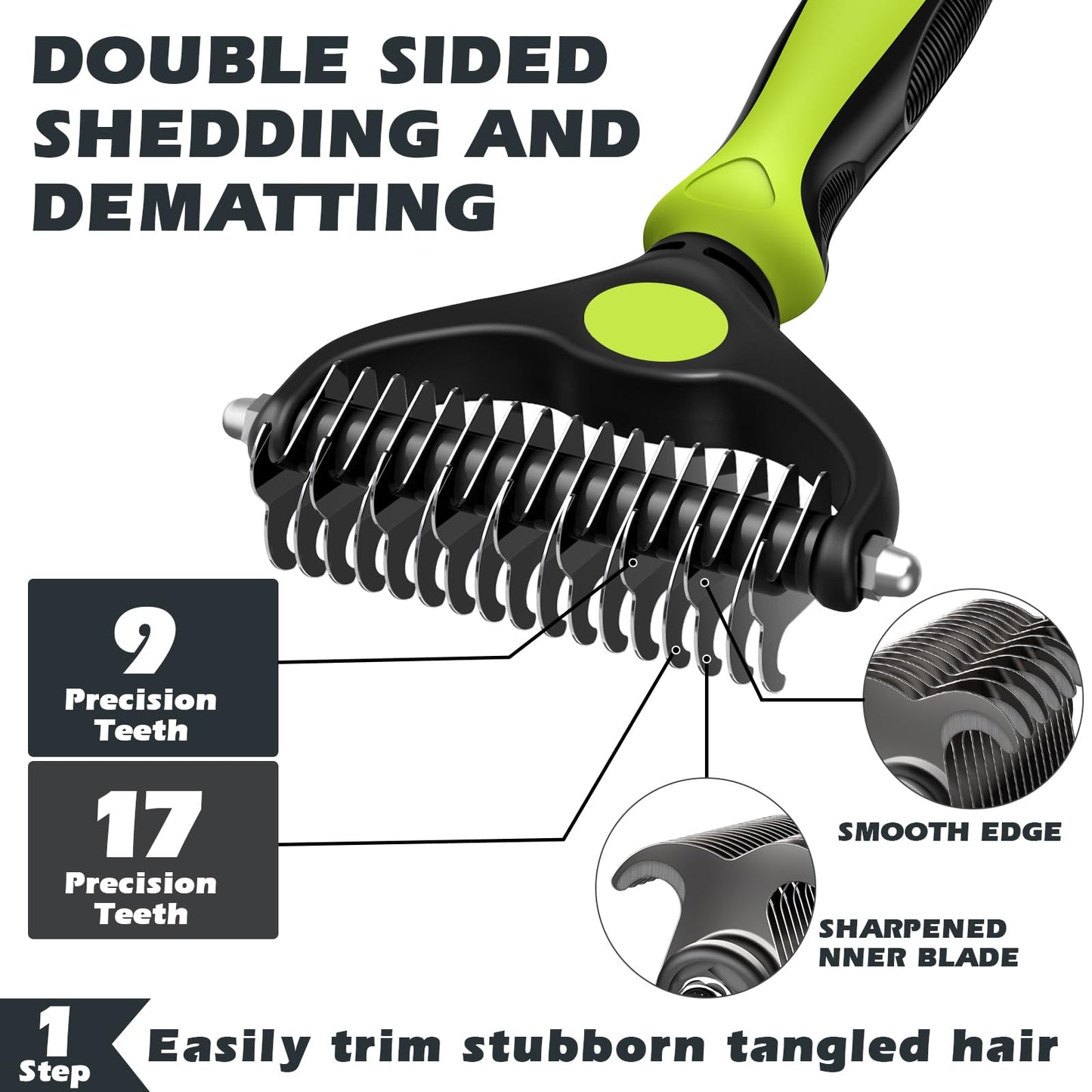 Augwind 3PCS Self Cleaning Slicker Brush & Pet Grooming Rake & Bath Brush for Dogs and Cats | Skin Friendly Deshedding Grooming Tool & Double-Sided Dematting Tool | Premium Pet Supplies (Green Black)