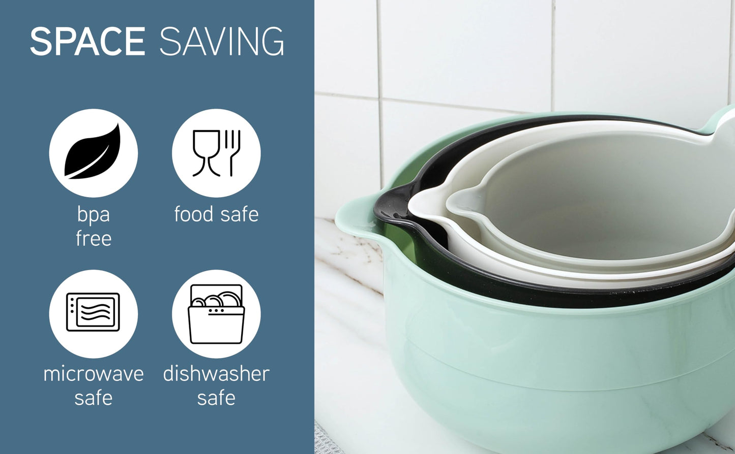 COOK WITH COLOR Nesting Plastic Mixing Bowl Set with Pour Spouts and Handles, Mint, 4 Piece Non-Slip