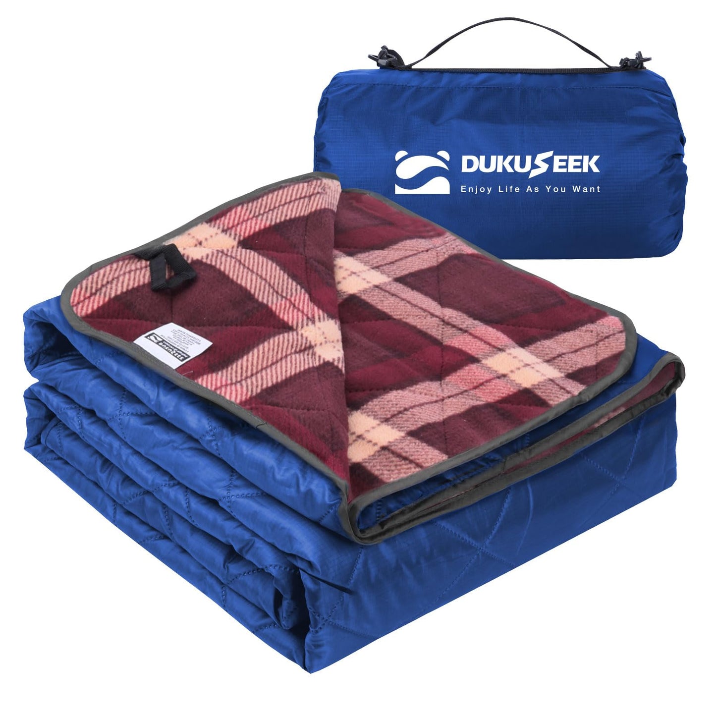 DUKUSEEK Waterproof Camping Blanket with Super Thick Fleece Lining, Large Outdoor Blanket Windproof with Foldable Hood for Camping Stadium Sporting Events,79"x 58"