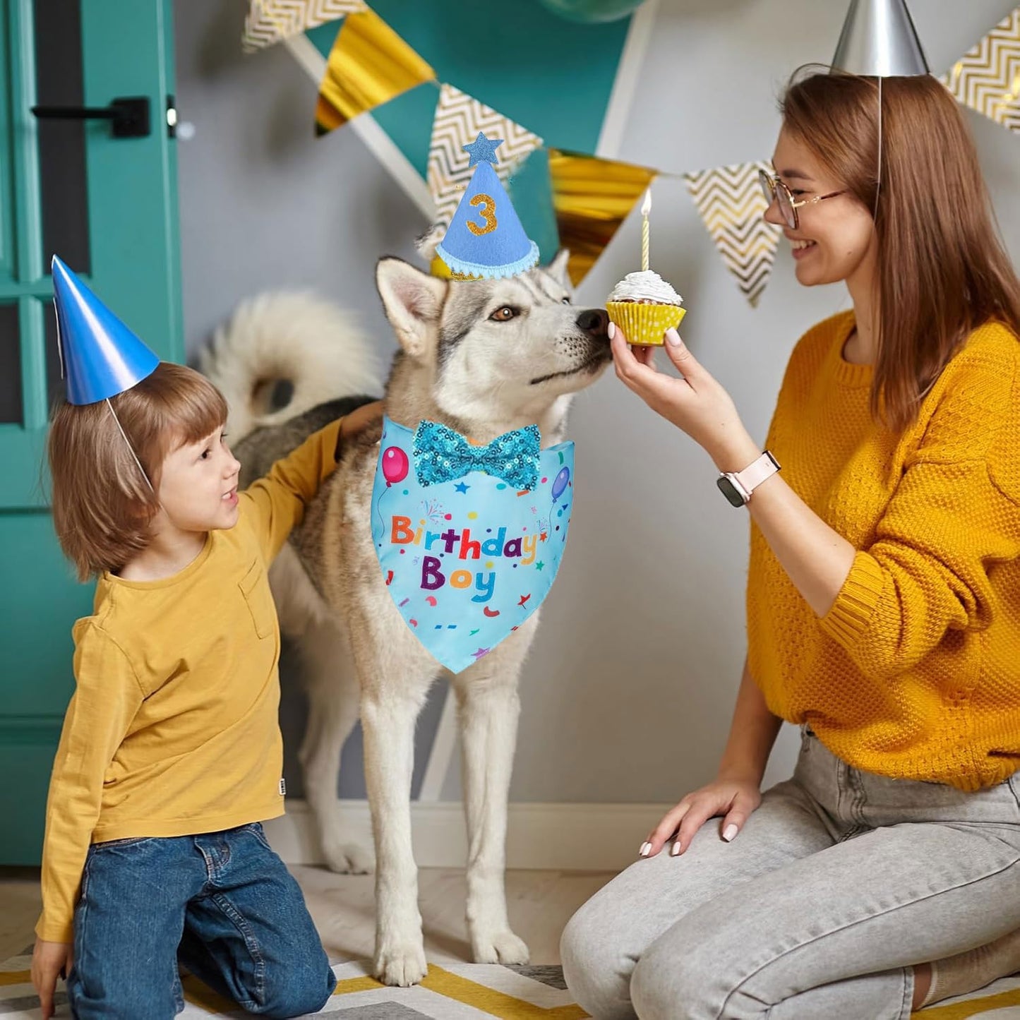 Dog Birthday Bandana Set, Dog Cat Birthday Party Supplies Boy Girl Birthday Party Hat Bow Tie Collar Set with Number for Large Medium Small Pet (Blue)