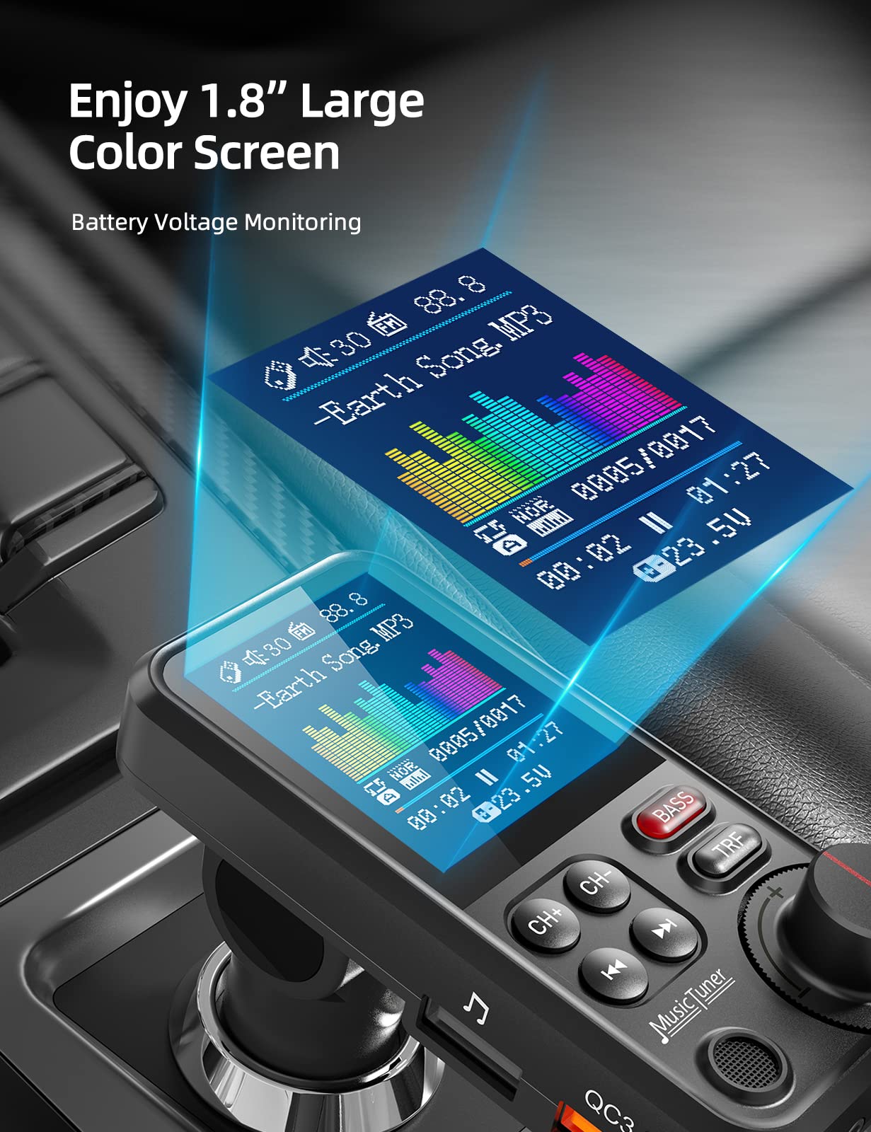 Nulaxy FM Bluetooth Transmitter for Car, Strong Microphone Bluetooth Car Adapter with 1.8" Color Screen for Hands-Free Calls, Supports QC3.0 Charging, Treble and Bass Sound Music Player- KM30