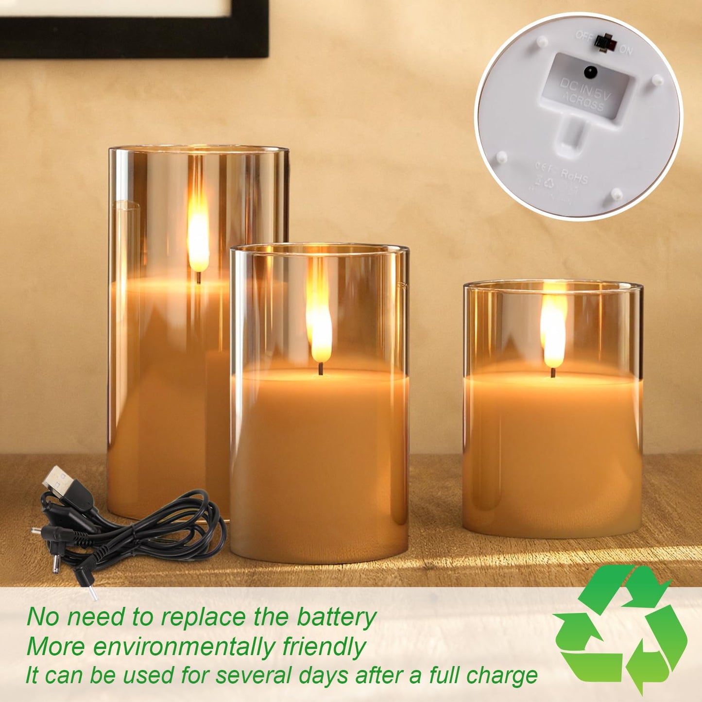 GenSwin Rechargeable LED Flameless Flickering Glass Candles with Remote Timer, Battery Operated Pillar Candles Long Lasting Gold Real Wax USB Candle (D 3”×H 4”5”6”)