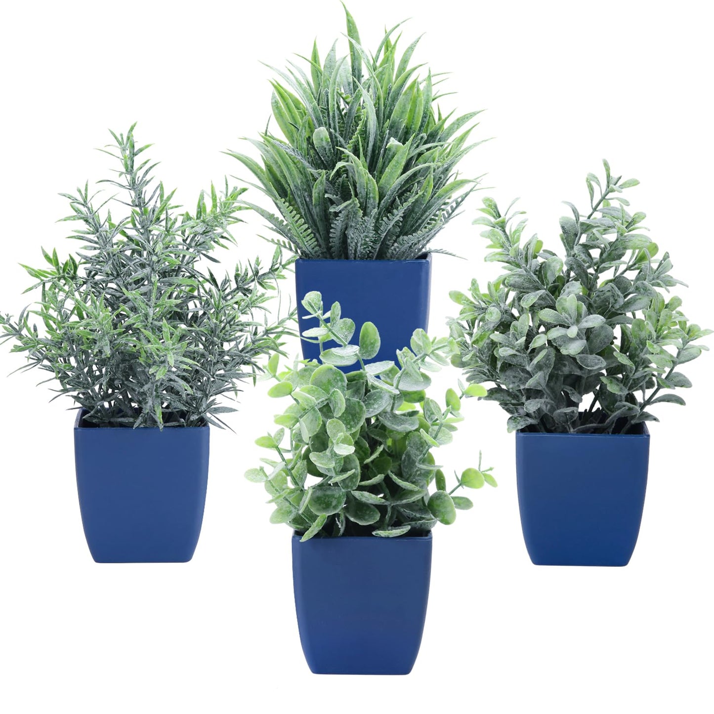 summer flower Set of 4 Fake Plants in Pot Small Artificial Eucalyptus Potted Plant Mini Wheat Grass Ferns Faux Greenery for Home Indoor Office Table Bathroom Farmhouse Decorations Blue