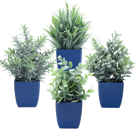 summer flower Set of 4 Fake Plants in Pot Small Artificial Eucalyptus Potted Plant Mini Wheat Grass Ferns Faux Greenery for Home Indoor Office Table Bathroom Farmhouse Decorations Blue