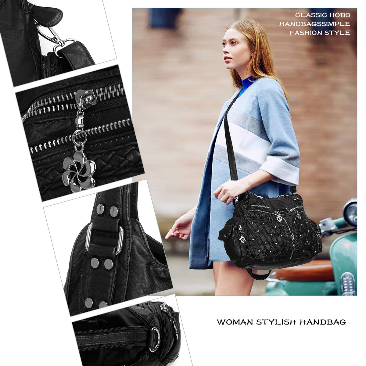 Angel Barcelo Roomy Fashion Hobo Womens Handbags Ladies Purse Satchel Shoulder Bags Tote Washed Leather Bag Black