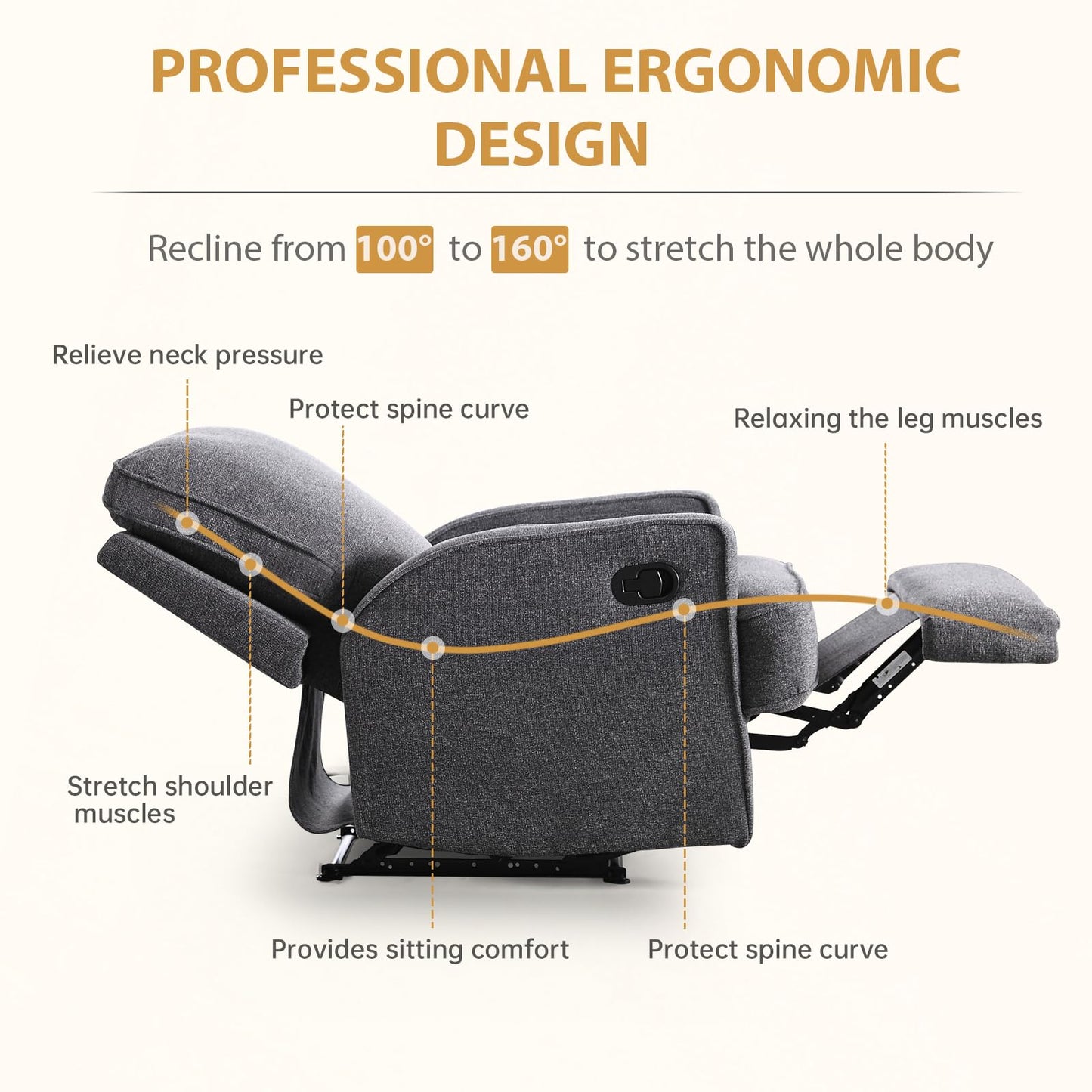 HAOMARKETS Classic Manual Recliner Chair for Adults, Soft Fabric Overstuffed Reclining Sofa Chair with Padded Backrest, Heavy Duty Recliners for Living Room, Grey