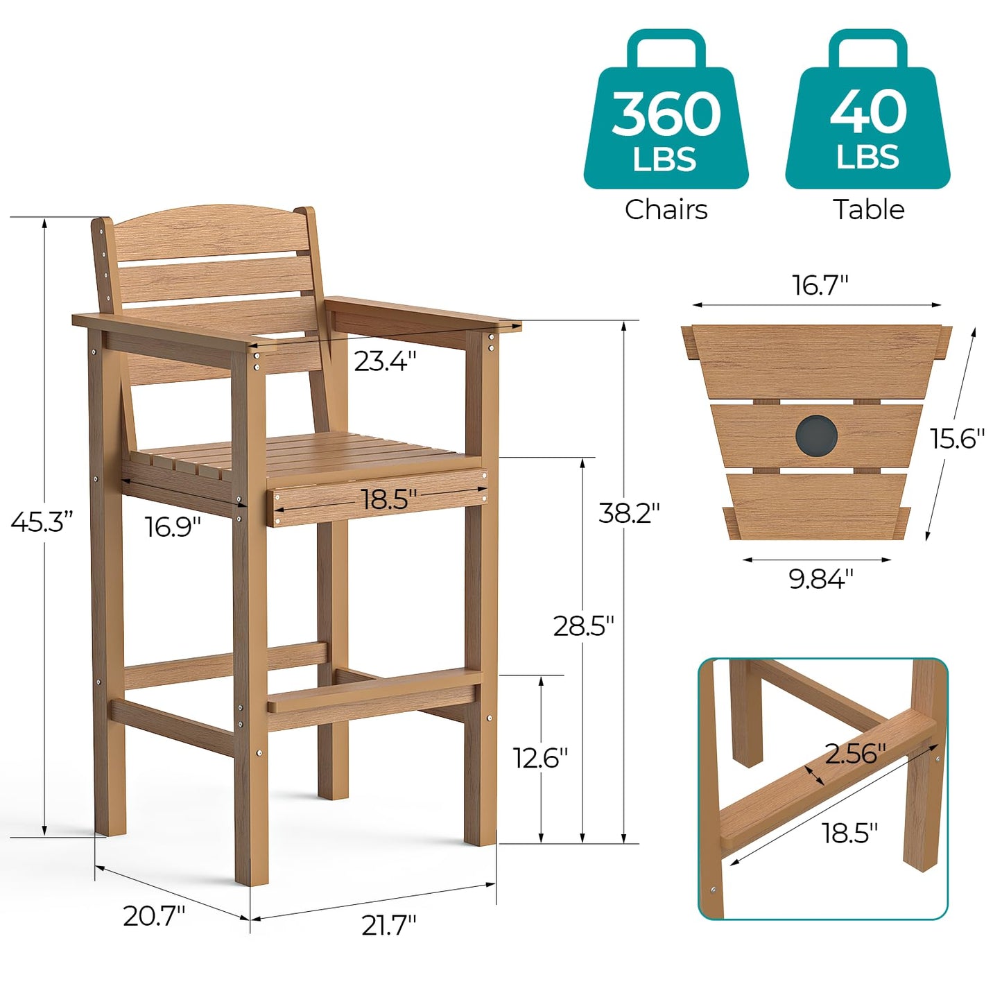 LuxaDomus Tall Adirondack Chairs Set of 2, Outdoor HDPS Adirondack Chair with Removable Tray, Balcony Chairs with Umbrella Hole, Weather Resistance Tall Patio Chairs for Deck Patio Pool Lawn, Teak