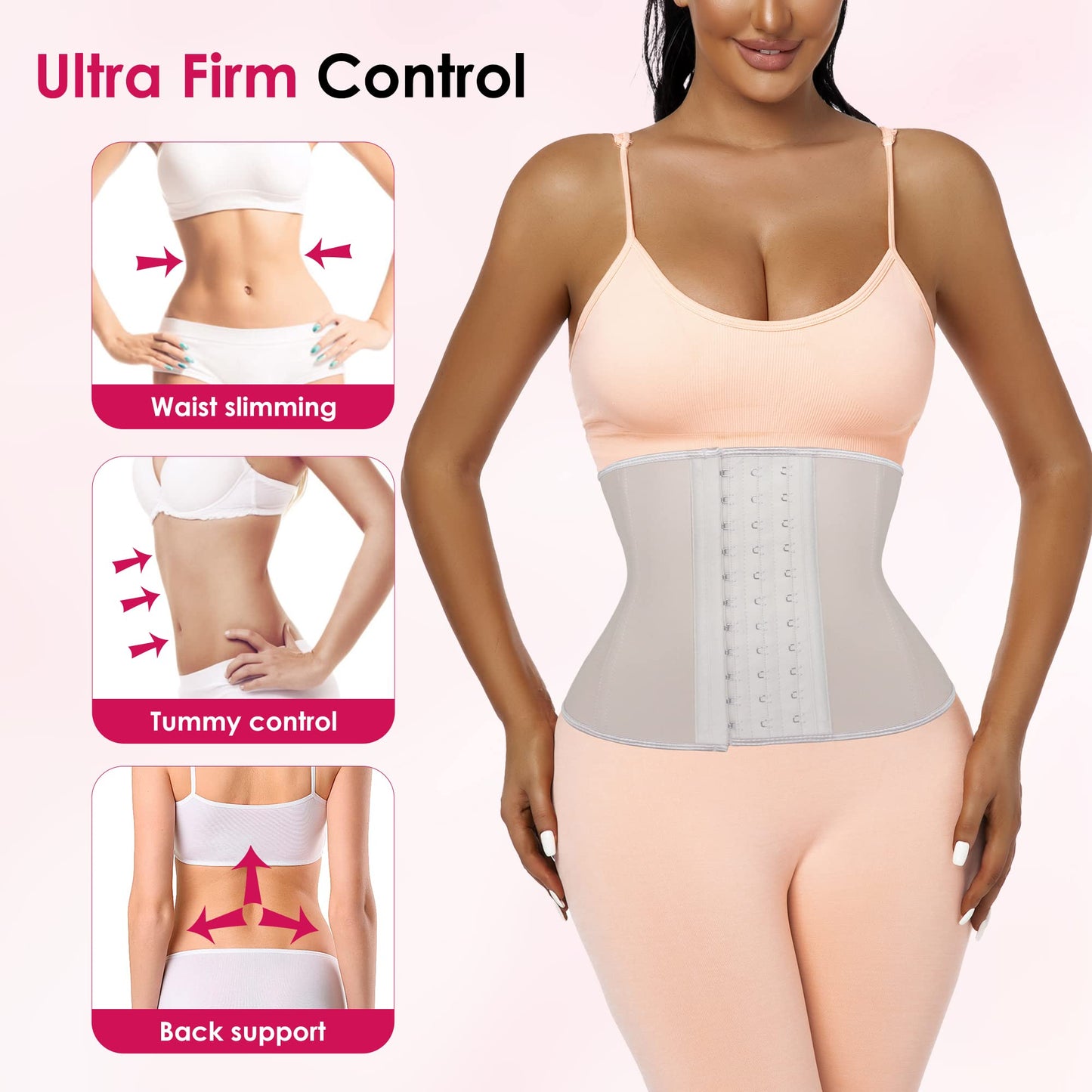 Atbuty Short Torso Waist Trainers Cincher Corset Underbust Body Shaper Latex Sport Girdle (Beige (9'' Short Torso, 9 Steel Bones), 2XS)