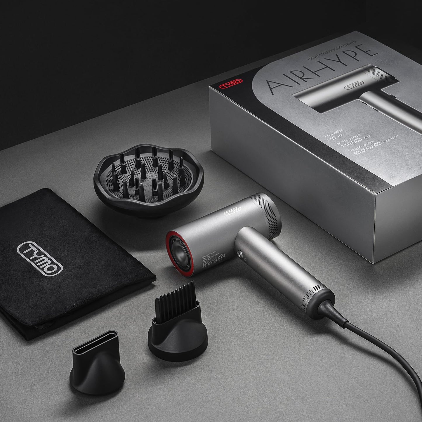 TYMO Hair Dryer with Diffuser for Women - 1500W Professional High Speed Blow Dryer with Comb, 110,000RPM Fast Dry, 200 Million Ionic Hairdryer, 4 Temps & 3 Speeds, 8 Ft Cord for Salon, Metal Gray