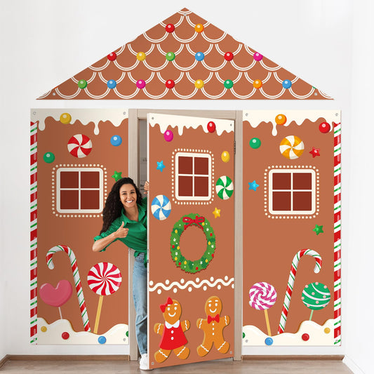 Vitalcozy 4 Pcs Summer Christmas Gingerbread Door Decorations Xmas Gingerbread House Candy Door Covers Backdrop Christmas Hanging Banner Porch Sign for Holiday Classroom Office Home Party Decor