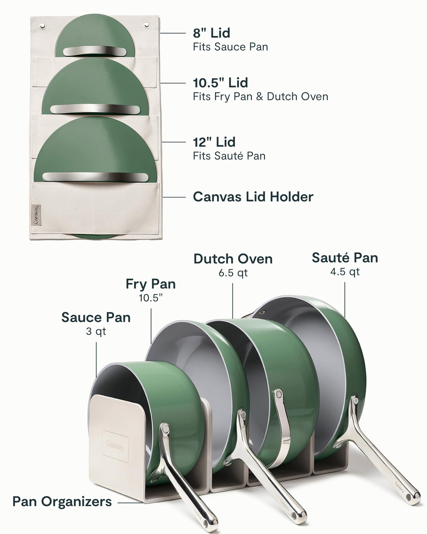 Caraway Nonstick Ceramic Cookware Set (12 Piece) Pots, Pans, Lids and Kitchen Storage - Non Toxic - Oven Safe & Compatible with All Stovetops - Sage