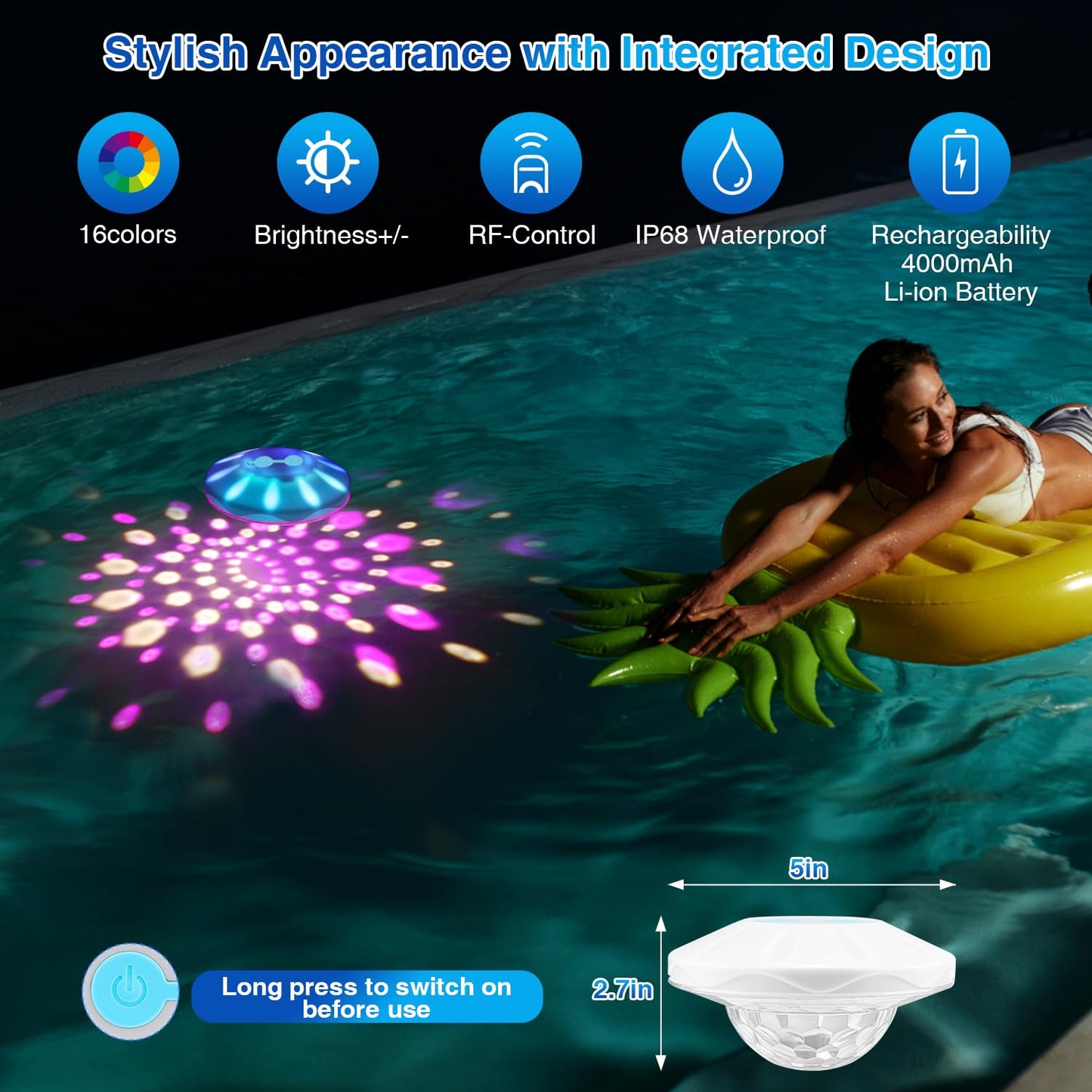 BOXPSII Rechargeable Floating Pool Lights, Pool Lights with 6 Dynamic Lighting, IP68 Waterproof Pool Light RGB Upper and Lower Color Changing LED Pool Light for Pools, Party, Fountains 1PACK