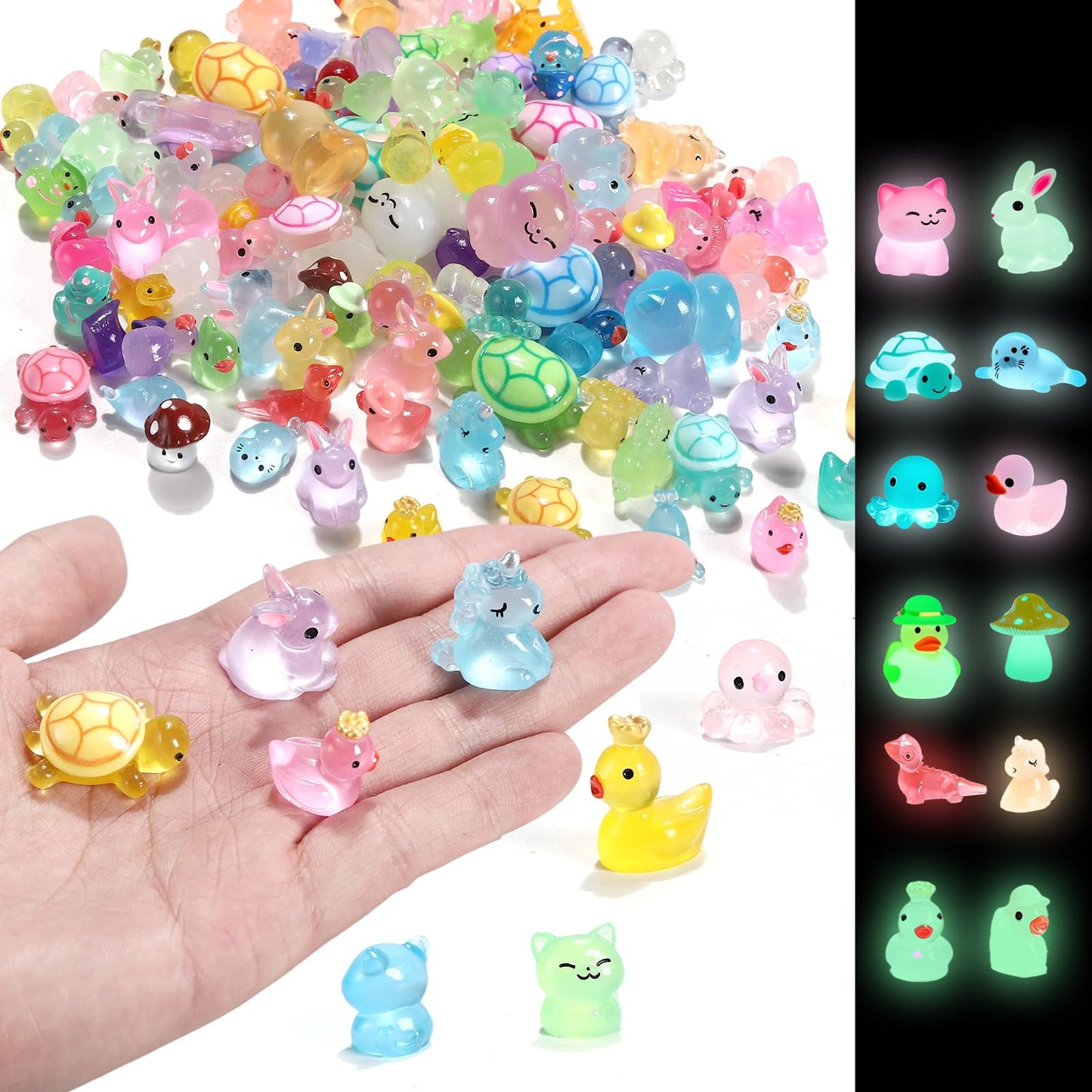 IHFAIO 100PCs Mini Resin Animals, Mini Ducks Unicorns Rabbits Dolphin Frog Dinosaur Cat Luminous Animals Glow in The Dark to Hide Around The Office Home for DIY Garden Dollhouse Combination