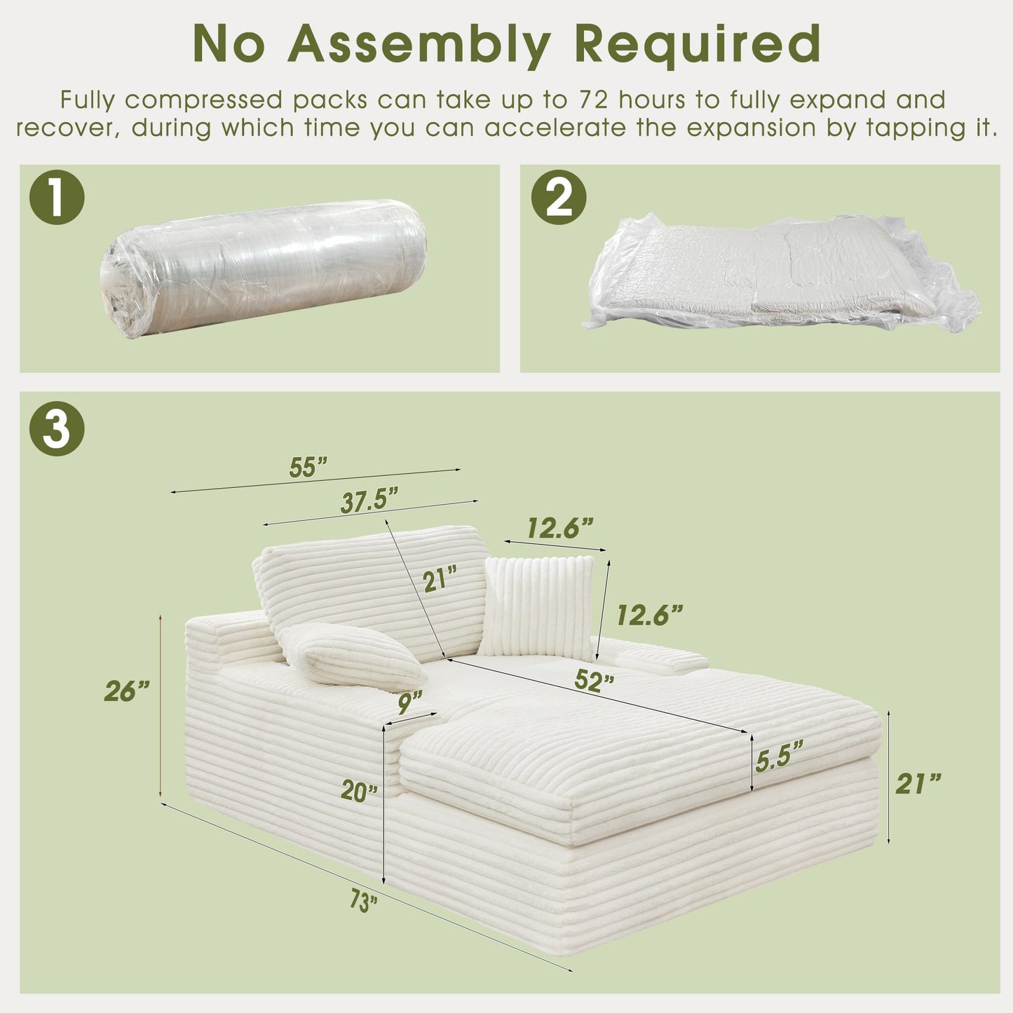 WorthFurni 57.5" Oversized Chaise Lounge Chair Indoor - Upholstered Sofa Bed with Cushions and Armrests Sleeper Chair - Plush Bed for Living Room(White