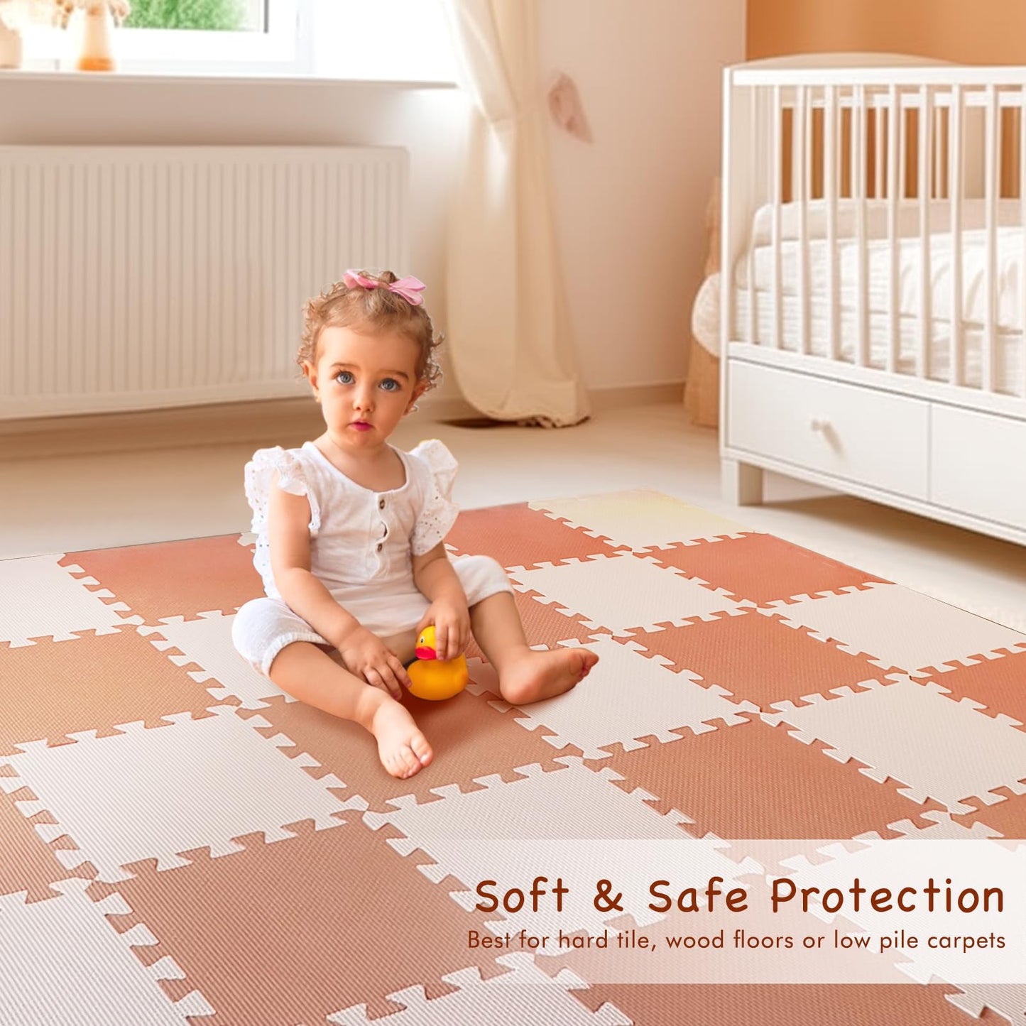 TCBunny Kids Soft EVA Foam Jigsaw Puzzle Play Mat, 18 Interlocking Tiles and Edges Baby Play Mat, for Kids Gym, Nursery, Playroom, Pet Mat, Total Floor Coverage 16 Sq Ft, Pink/Peach