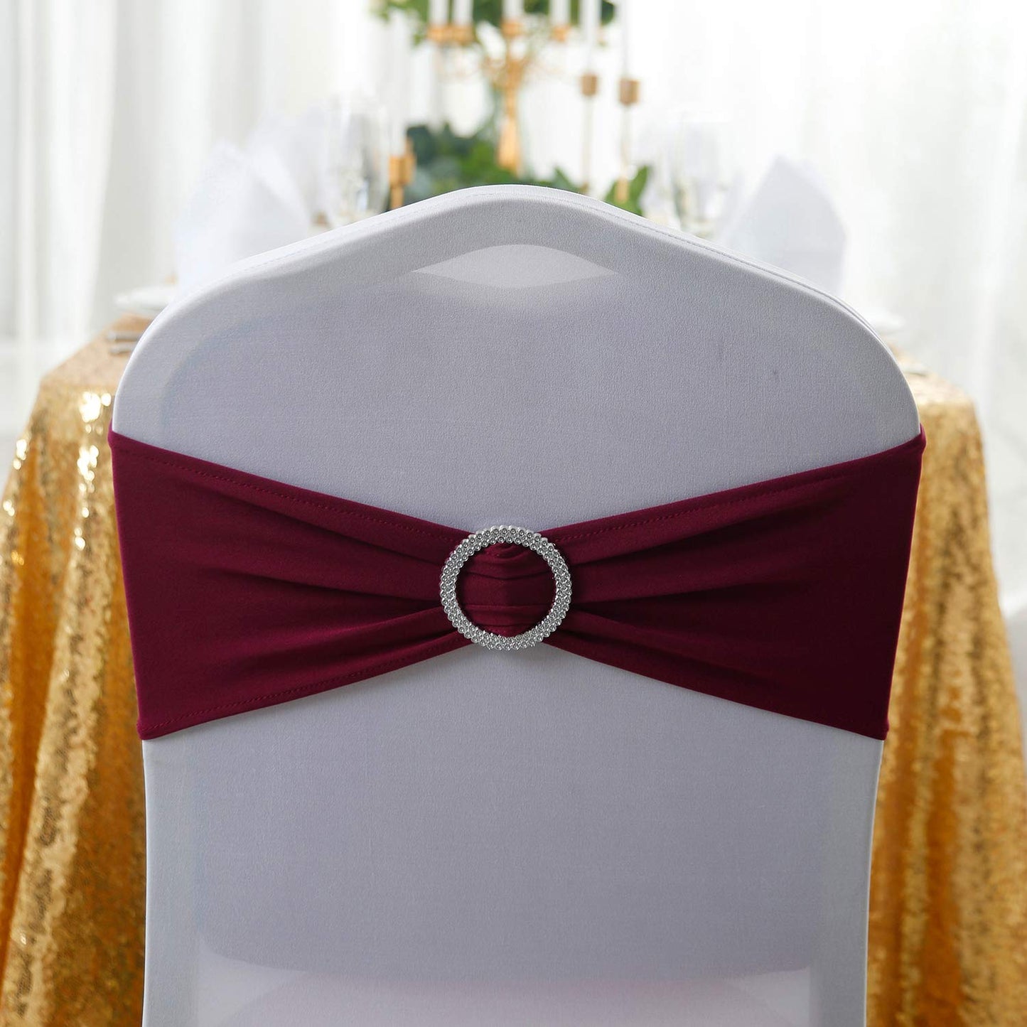 Peomeise 100pcs Burgundy Spandex Chair Sashes with Buckle Slider for Wedding, Party Decoration