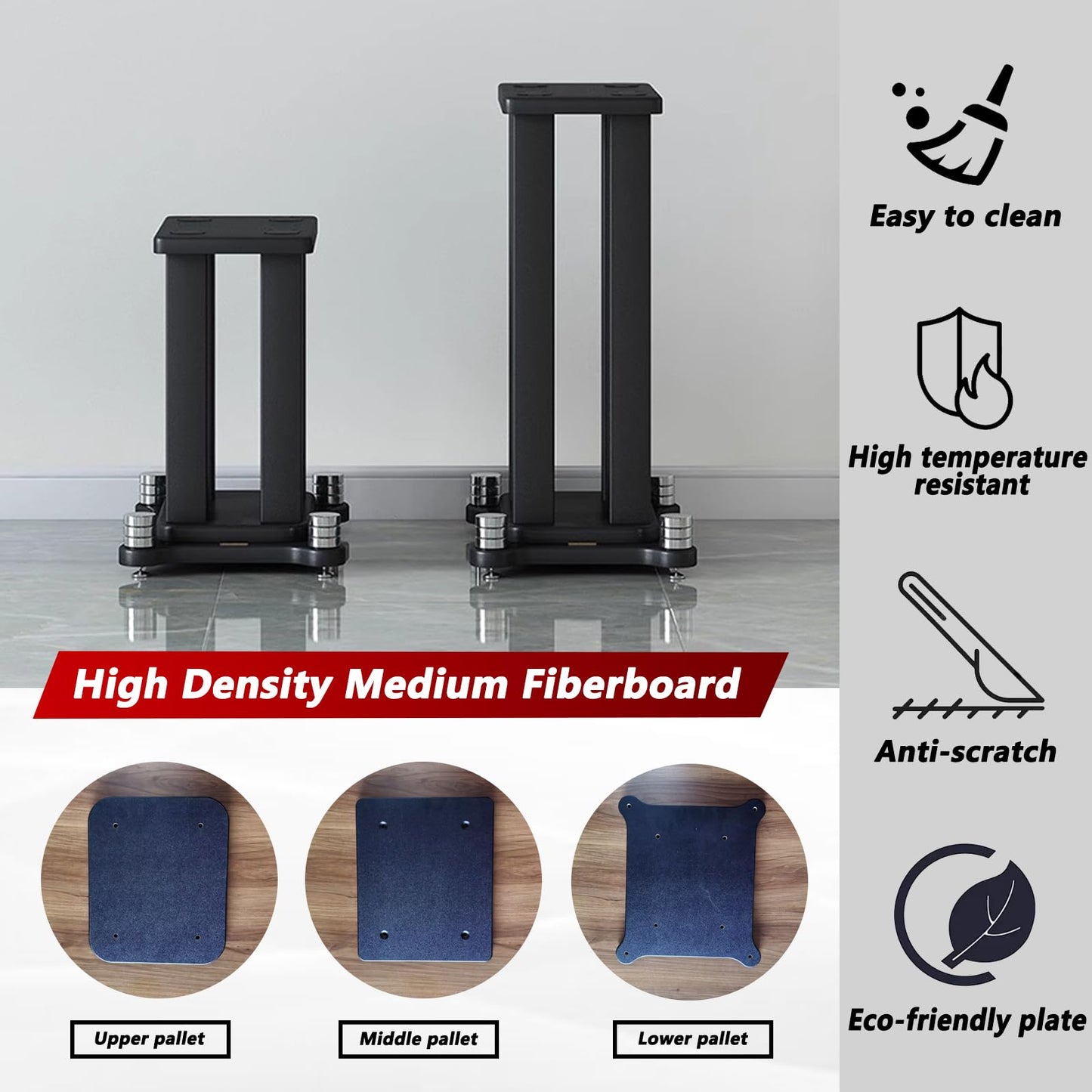 A Pair of Universal Speaker Stands, Heavy Duty Speaker Stands Holds Bookshelf Speaker Satellite Speaker Large Speaker, Vibration-Absorbing MDF Design, Holds 88lbs Speaker (Black, 20cm/7.8in)