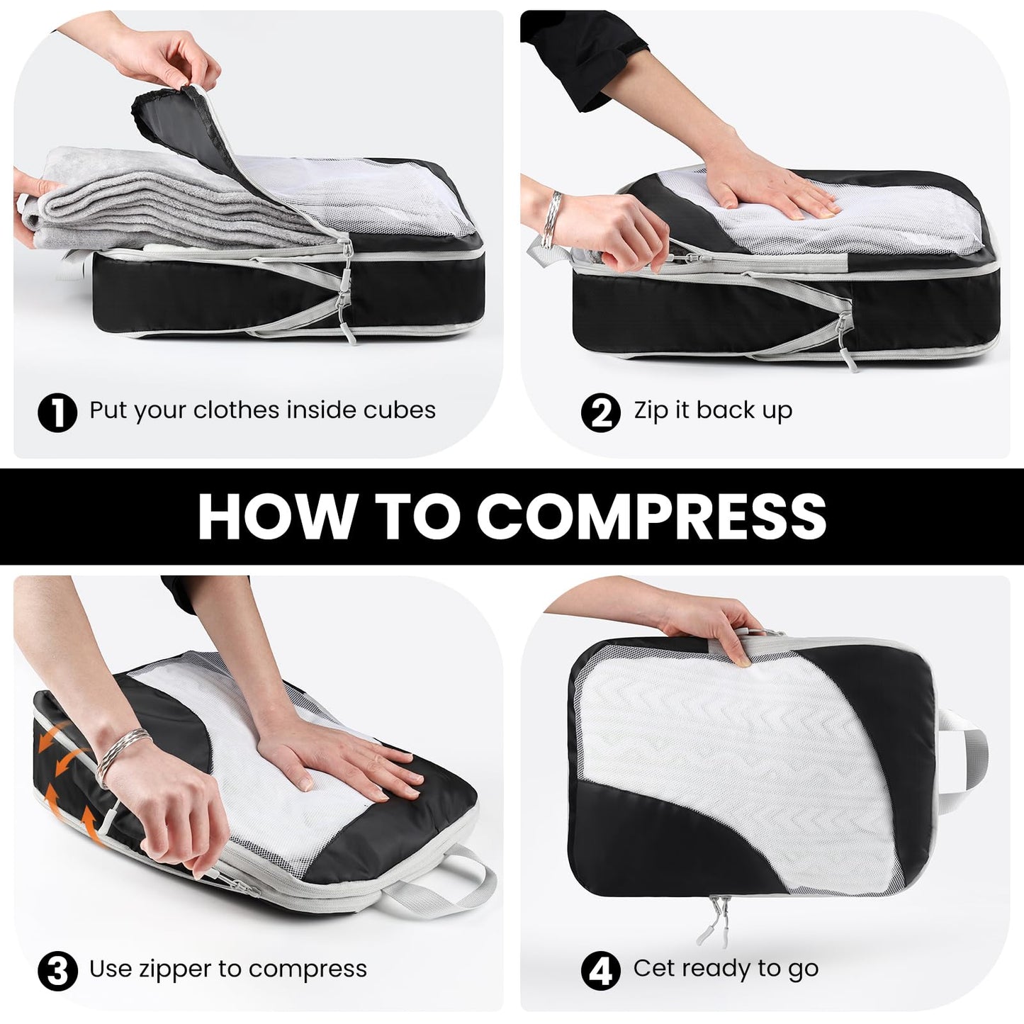 10 Set Compression Packing Cubes, Lightweight Travel Essentials, Stretchable Expandable Storage Bags, Compression Bags for Travel Accessories Luggage Storage Set (10 Pcs, Black)